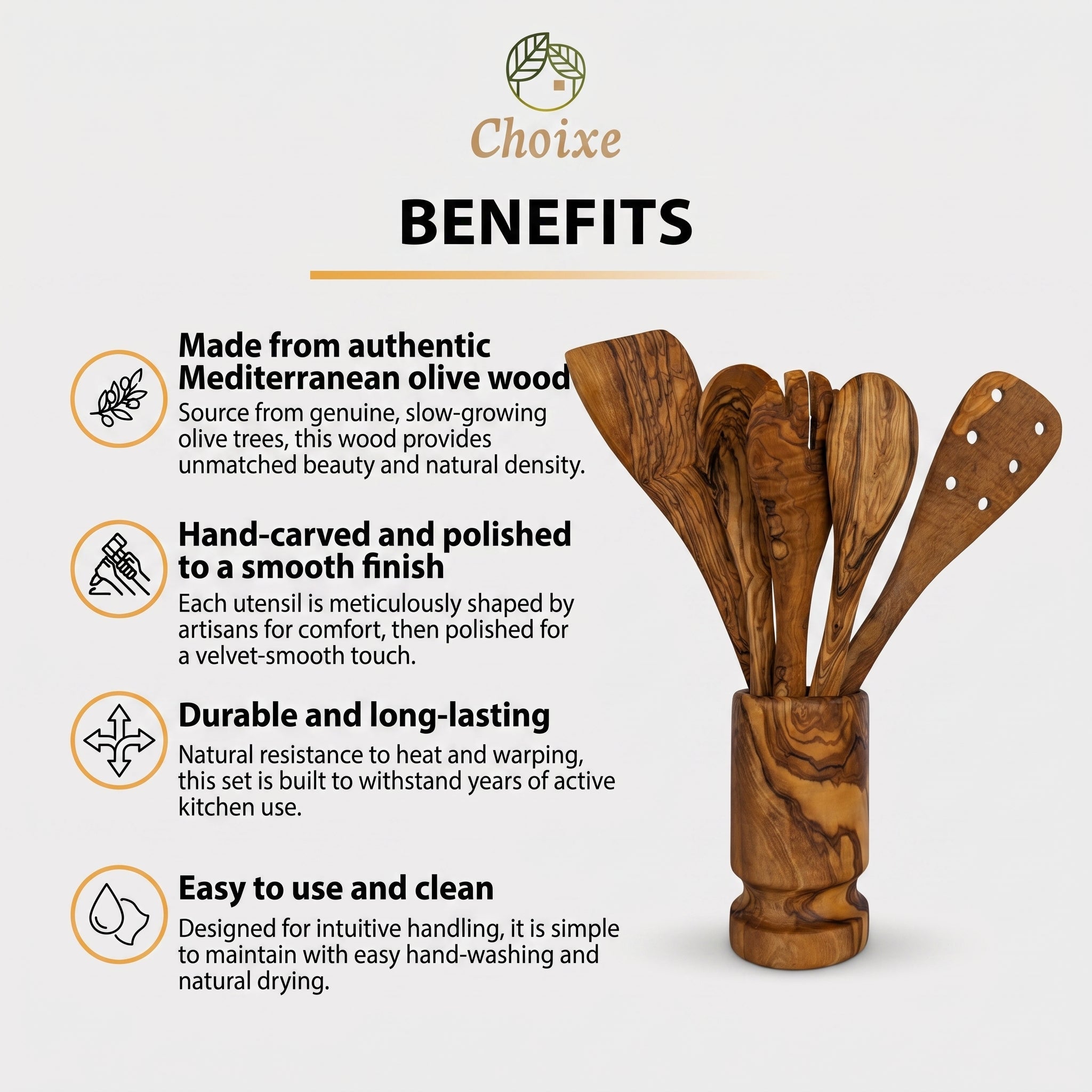 Olive Wood Kitchen Servers Set w/Holder -6 Pcs