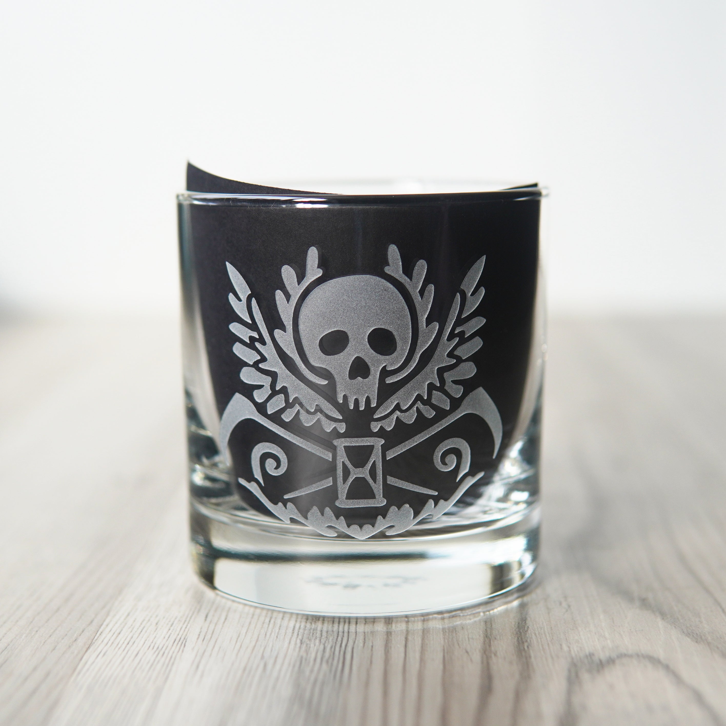 Death Skull Lowball Glass - etched cocktail glassware