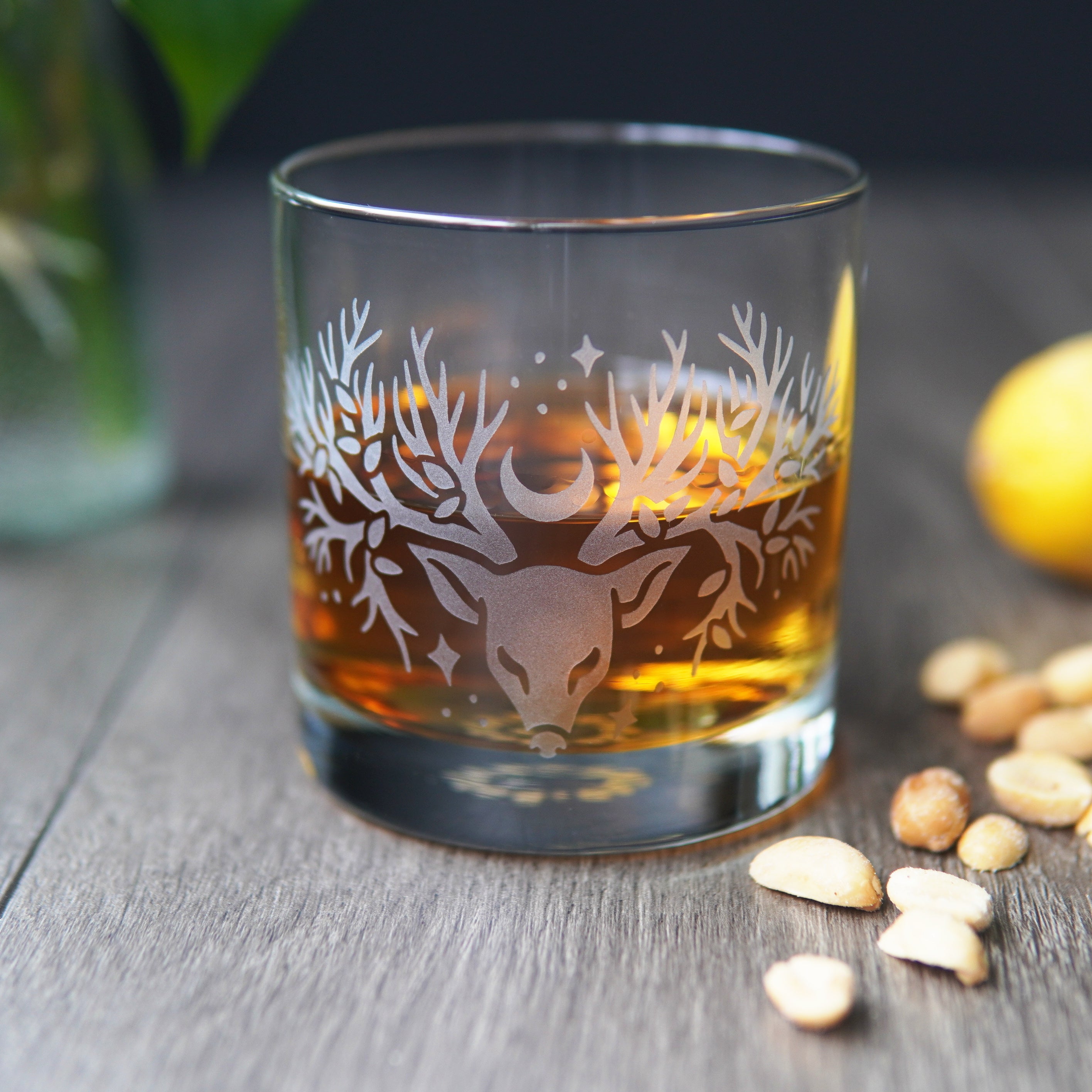 Deer Tree Lowball Glass - etched cocktail glassware