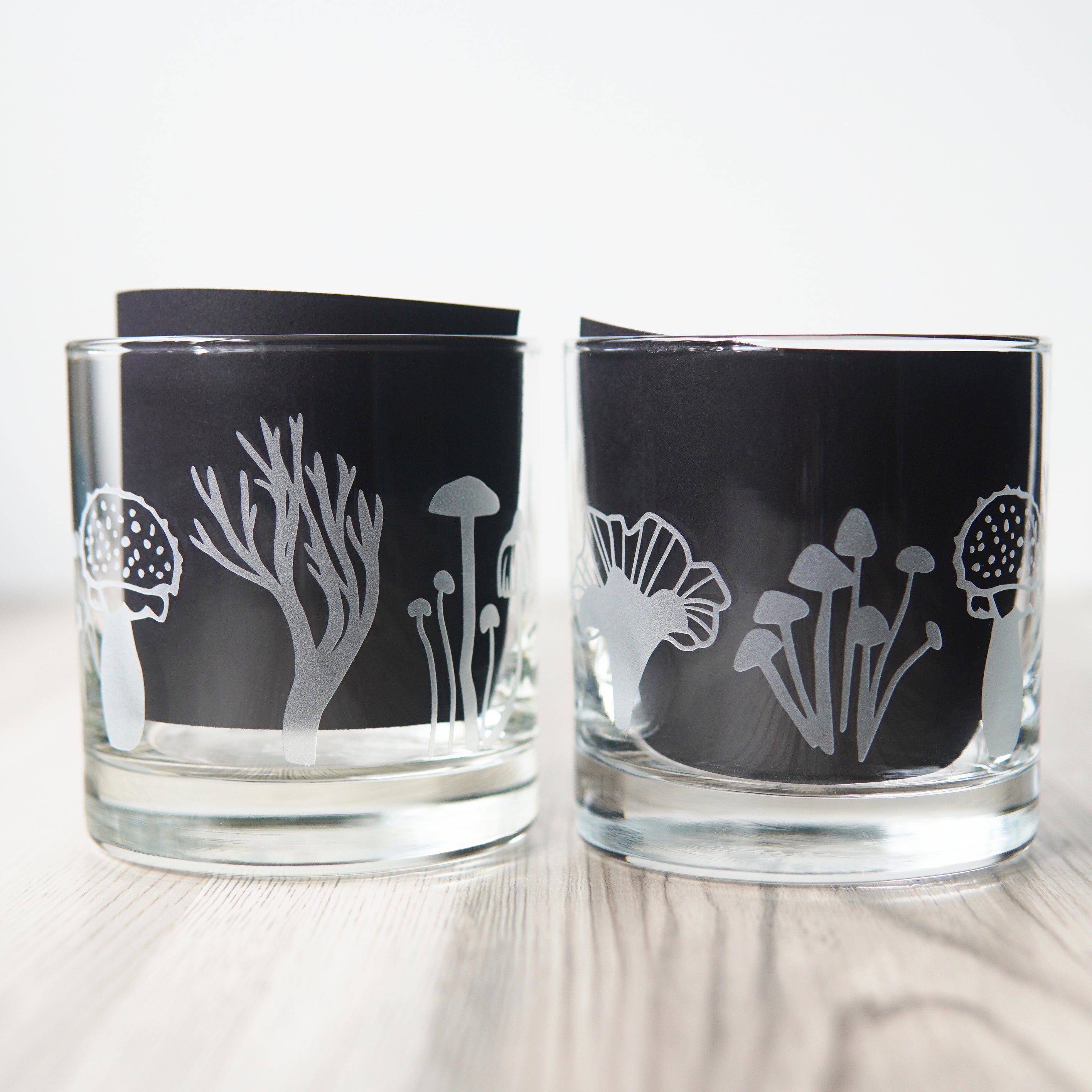 Mushroom Collection Lowball Glass - etched cocktail glassware