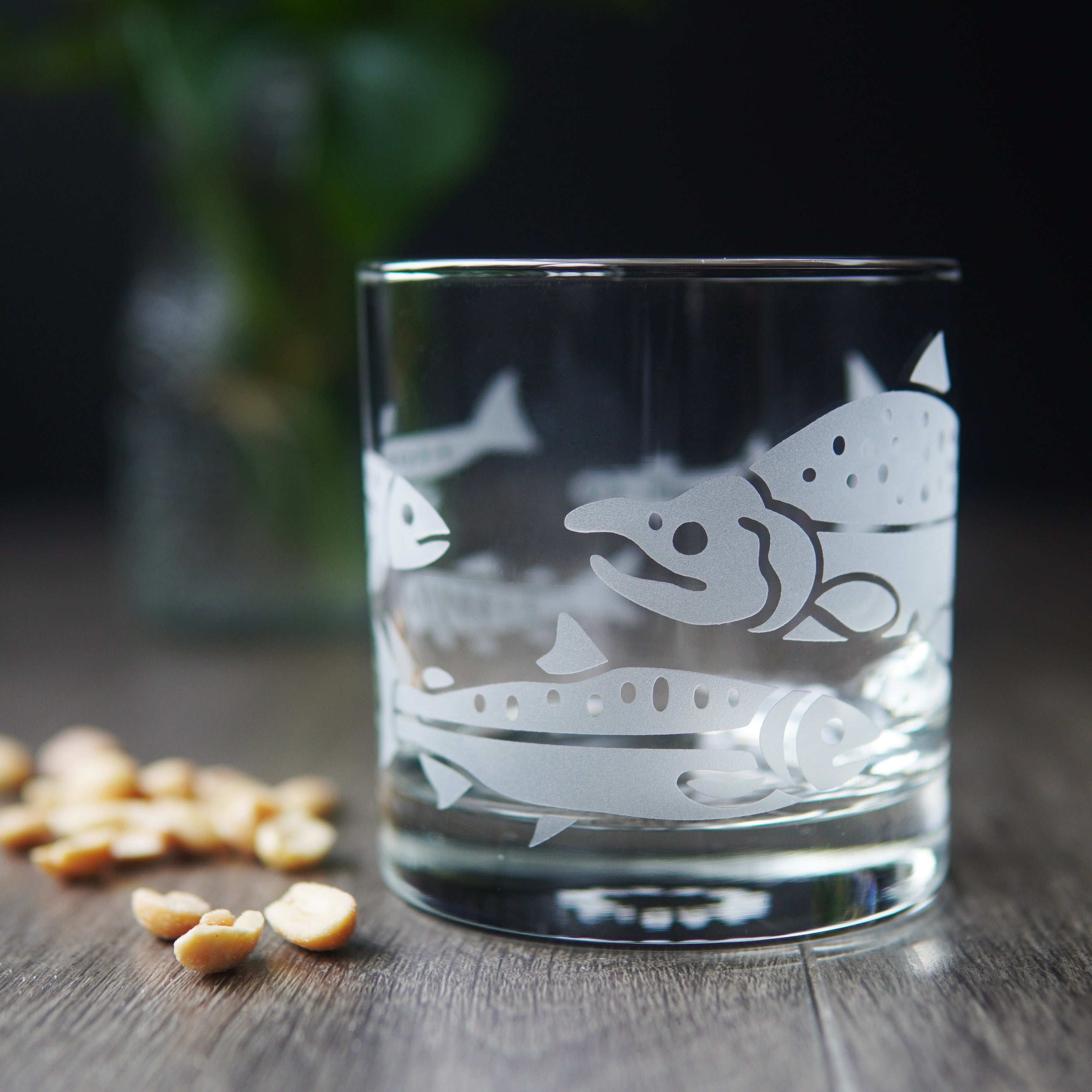 Salmon Lowball Glass - etched fish glassware