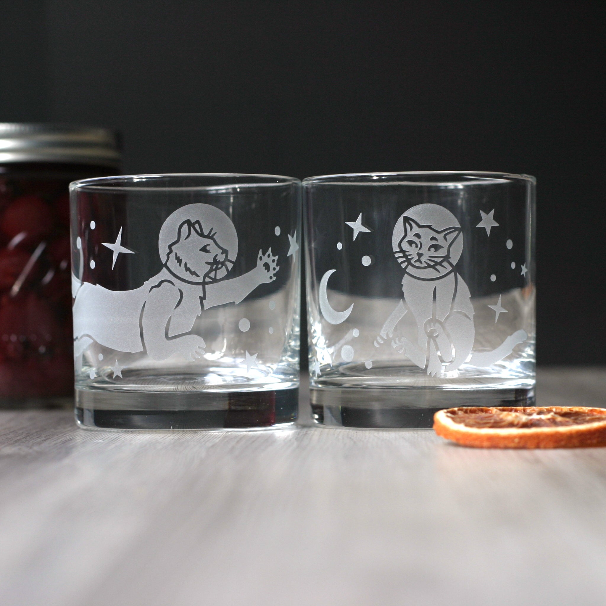 Astronaut Space Cat Lowball Glass - etched cocktail glassware