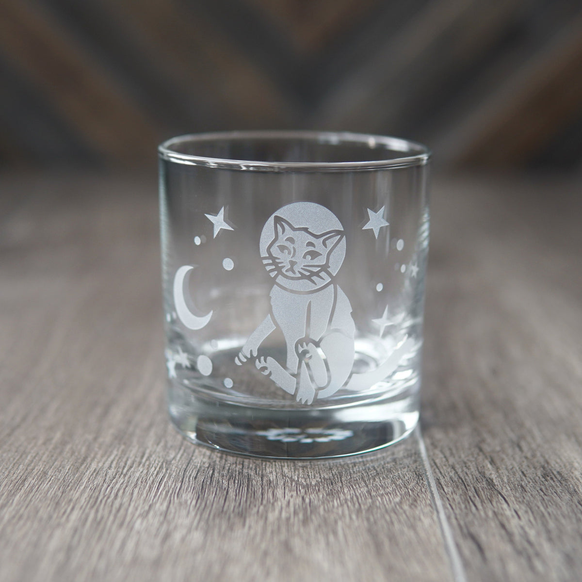 Astronaut Space Cat Lowball Glass - etched cocktail glassware