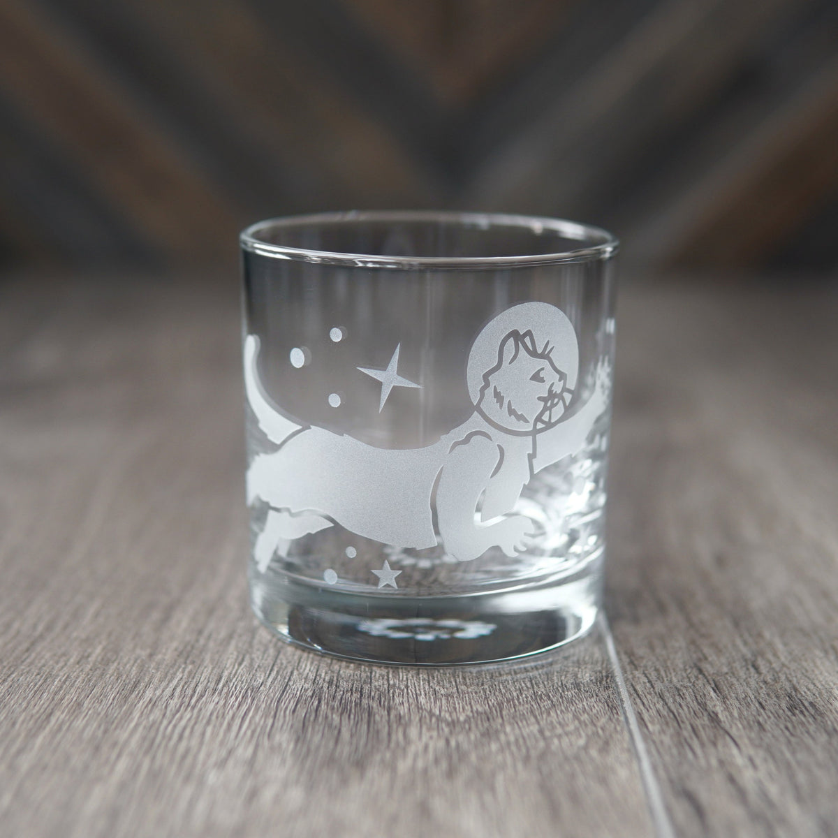 Astronaut Space Cat Lowball Glass - etched cocktail glassware