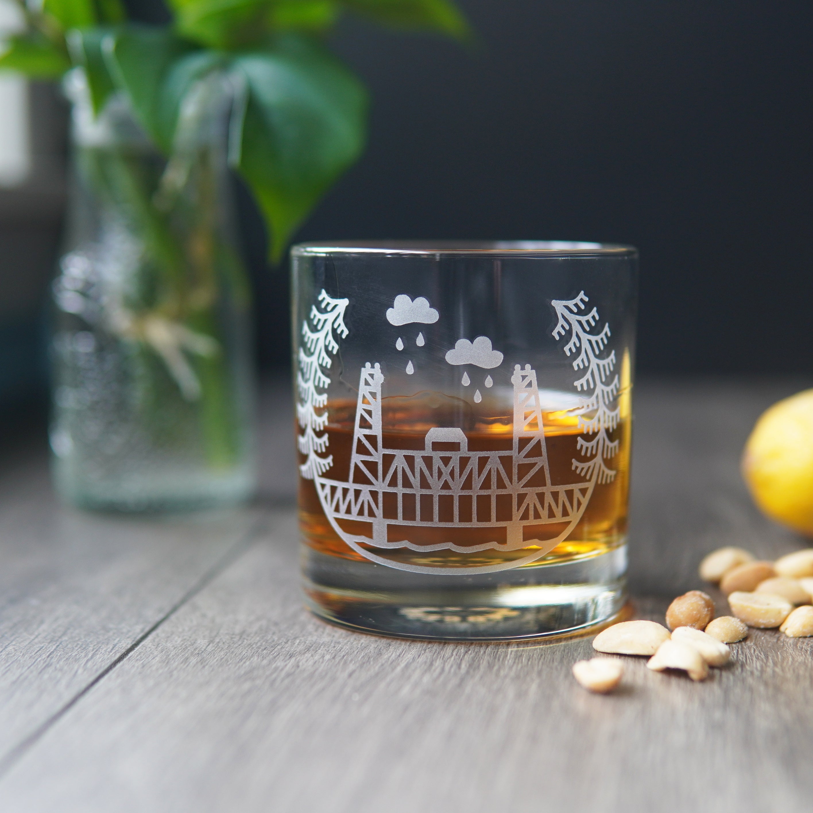 Portland Bridges Lowball Glass - etched cocktail glassware