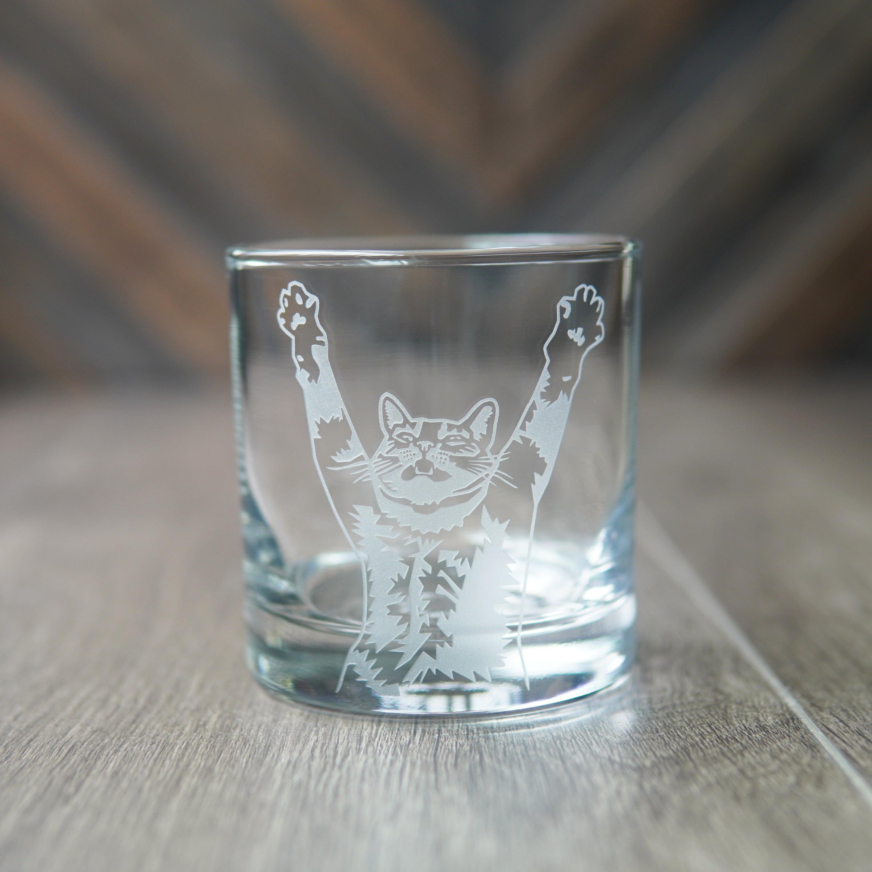 Stretch Cat Lowball Glass - etched cocktail barware