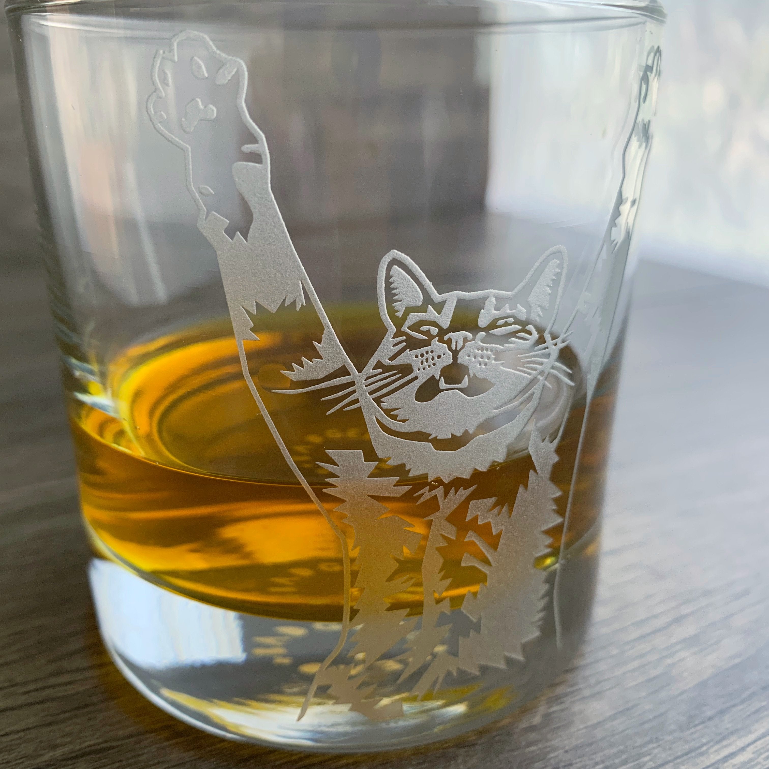 Stretch Cat Lowball Glass - etched cocktail barware