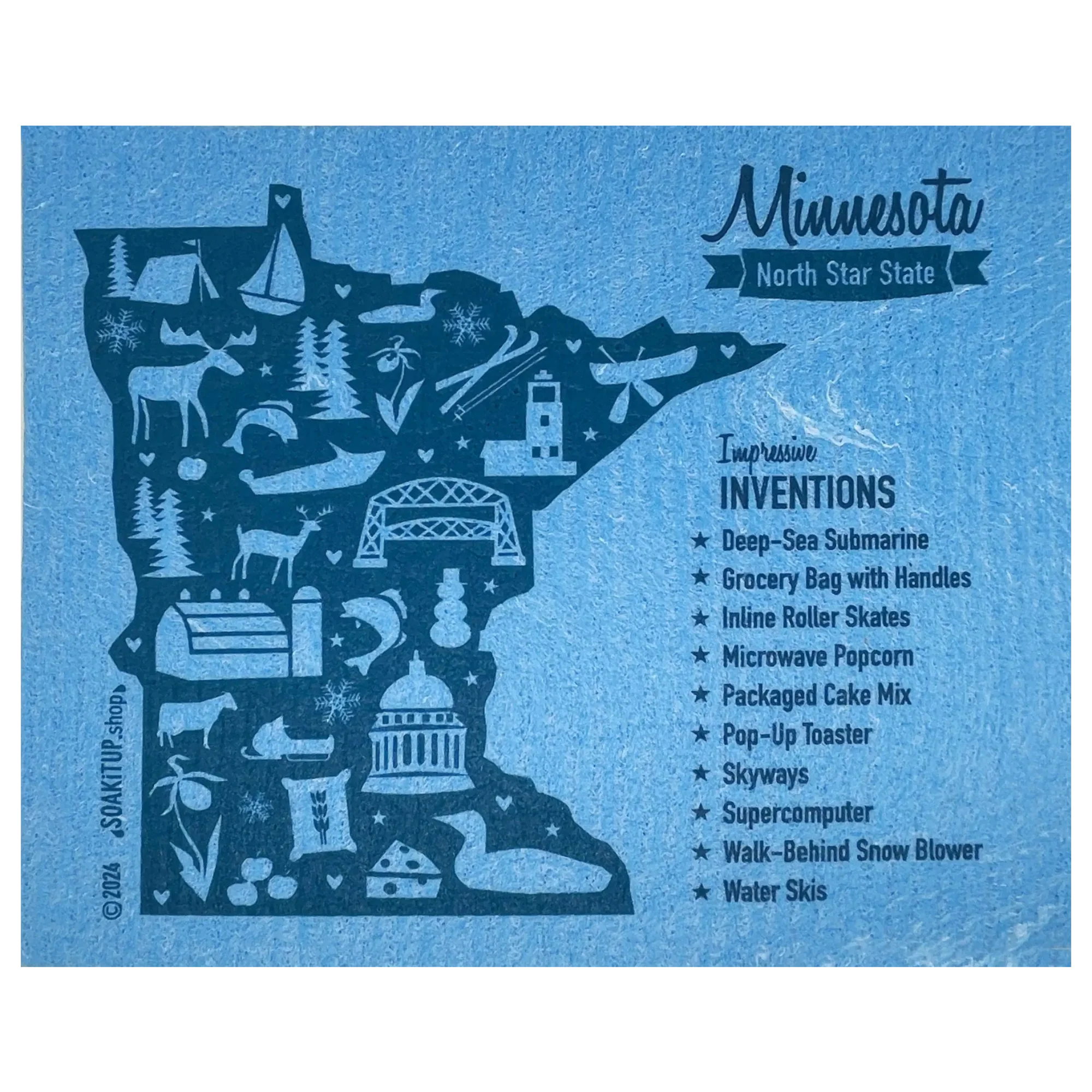 Minnesota Inventions Map Swedish Dishcloth - Original MN Eco-friendly Paper Towel Alternative