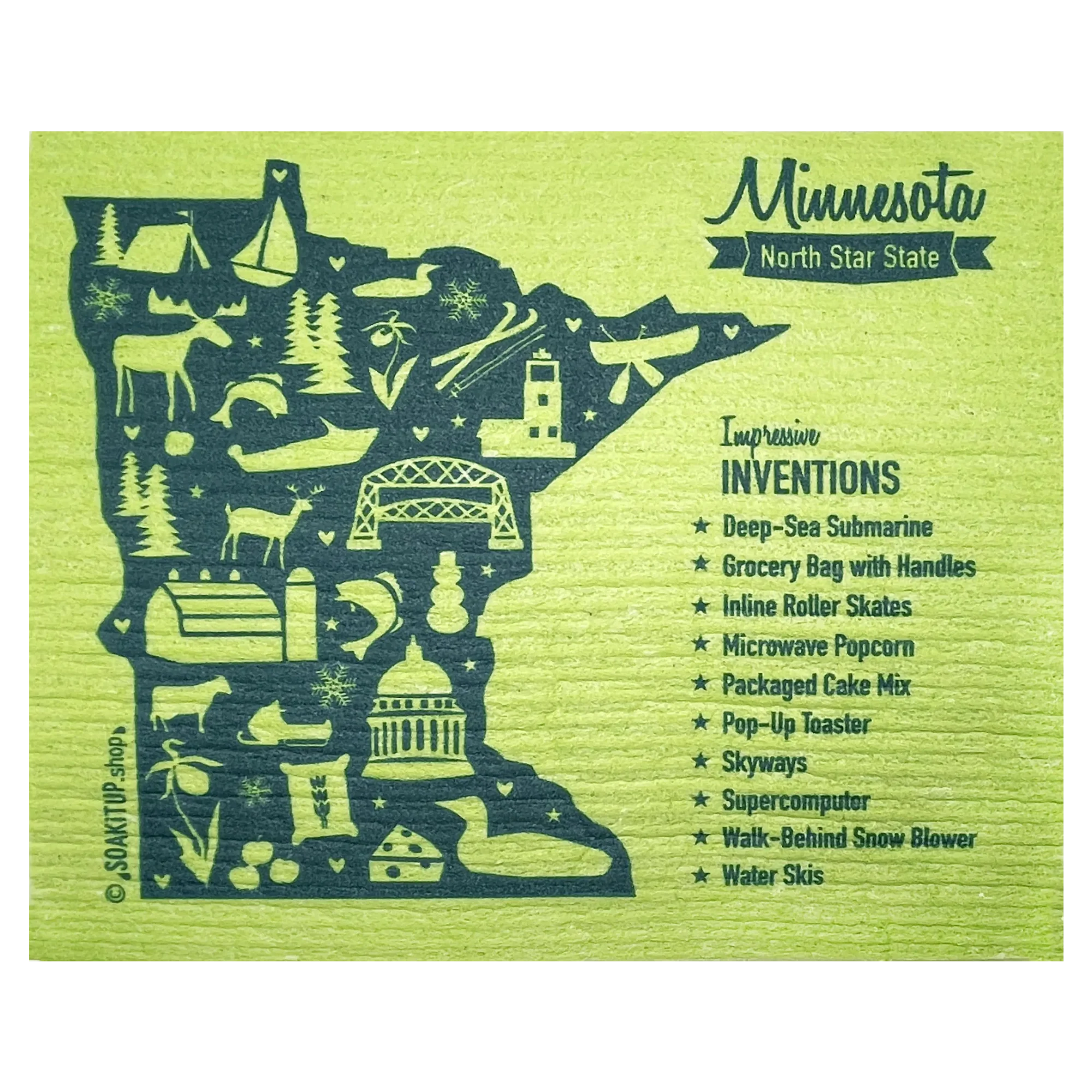 Minnesota Inventions Map Swedish Dishcloth - Original MN Eco-friendly Paper Towel Alternative