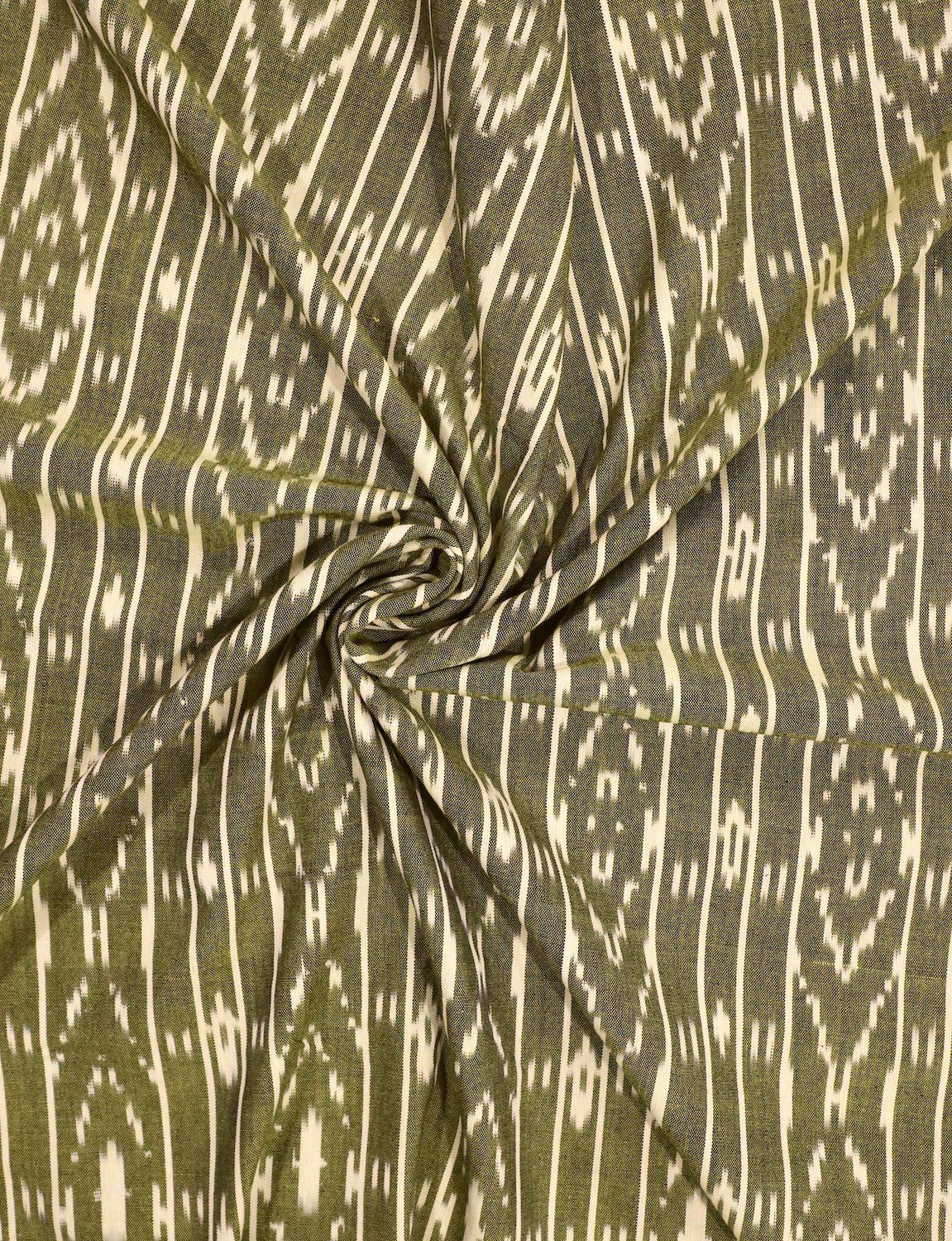 Olive Green Ikat Handwoven Cotton Fabric by the Yard