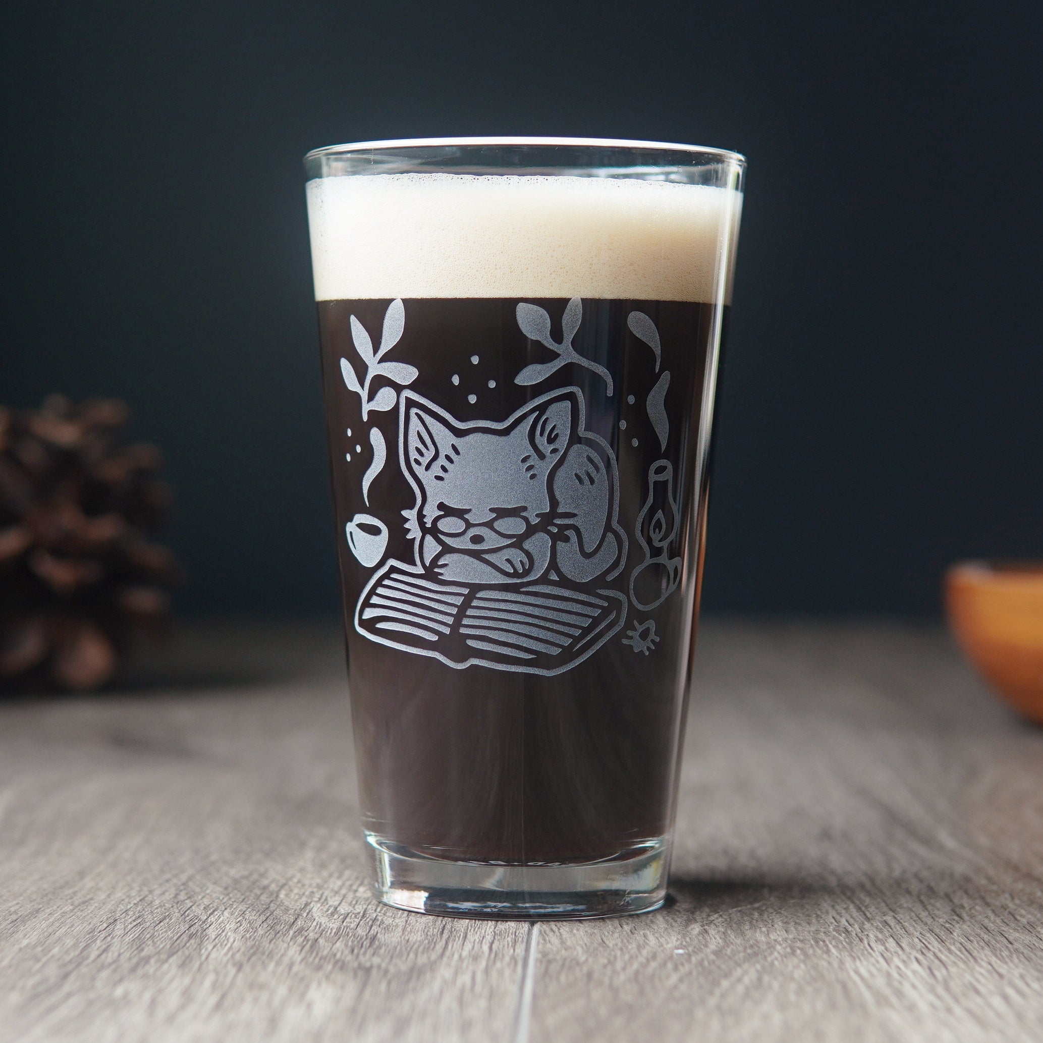 Book Cat Pint Glass - etched glassware