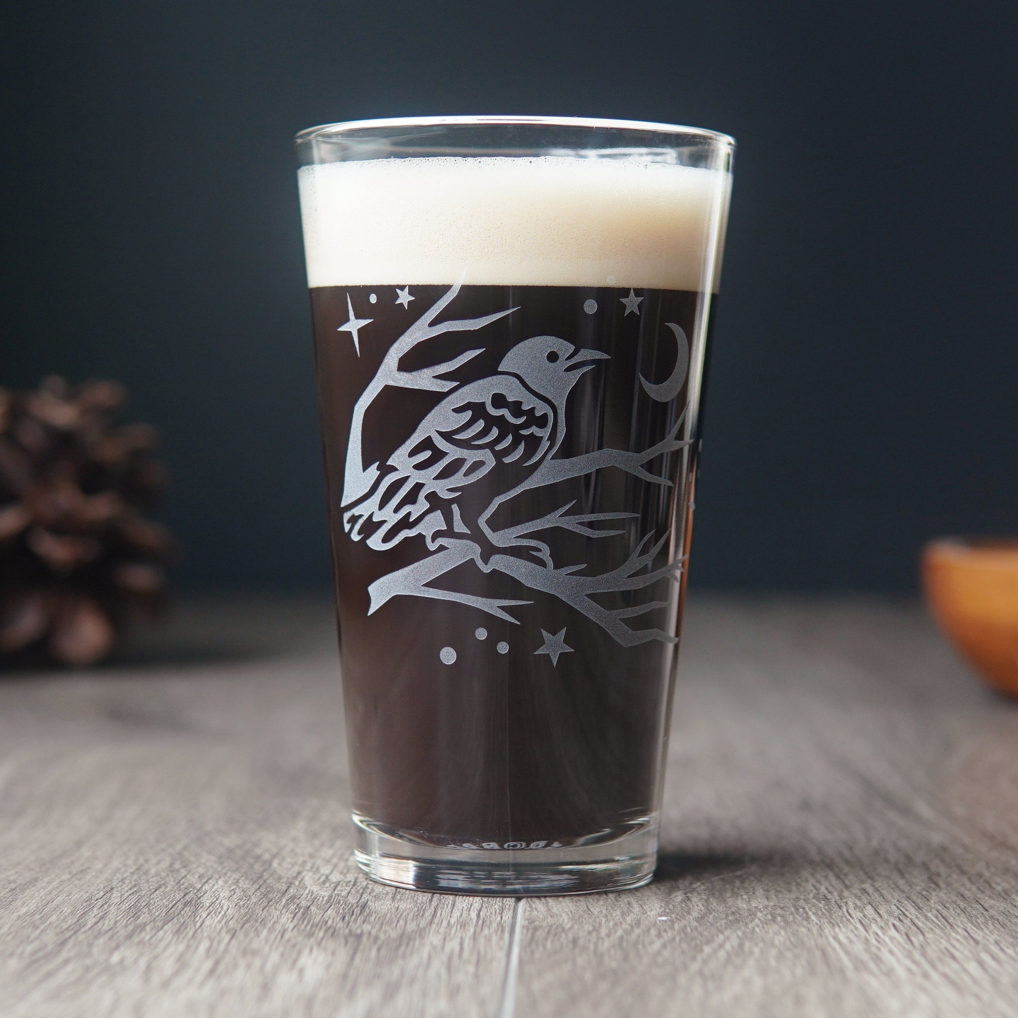 Crow Pint Glass - etched glassware