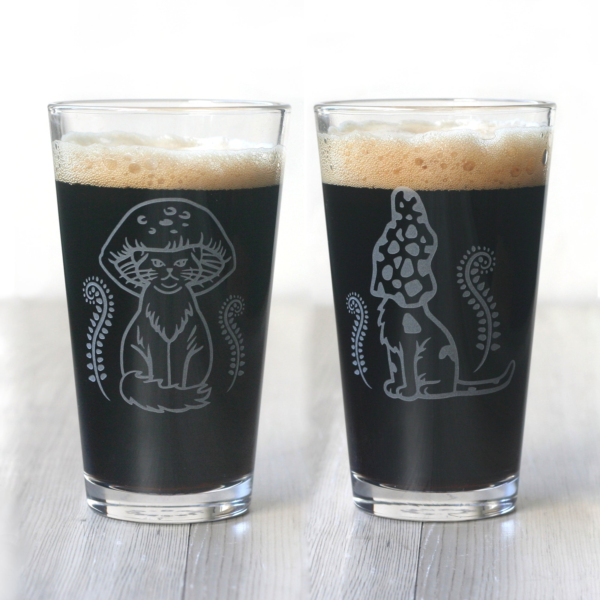 Cat Mushrooms Pint Glass - etched kitchen glassware
