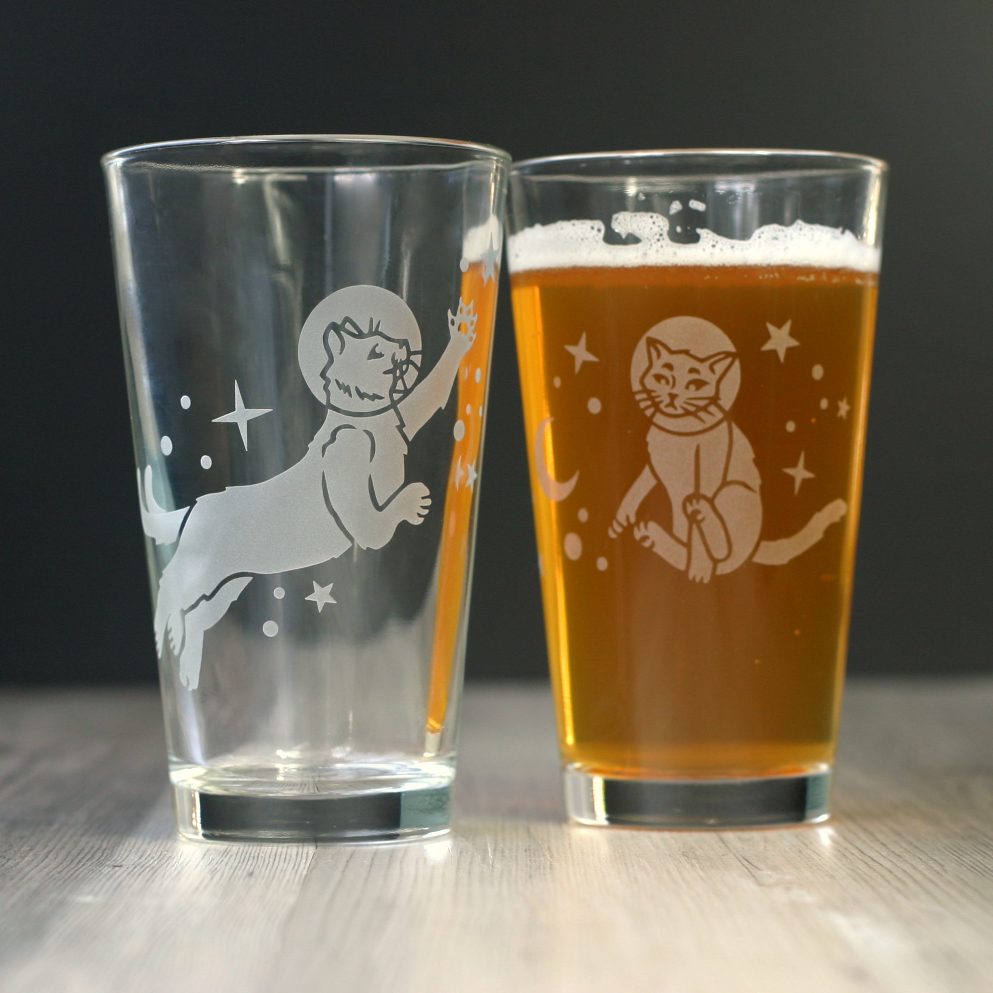 Astronaut Cat Beer Pint Glass - etched glassware