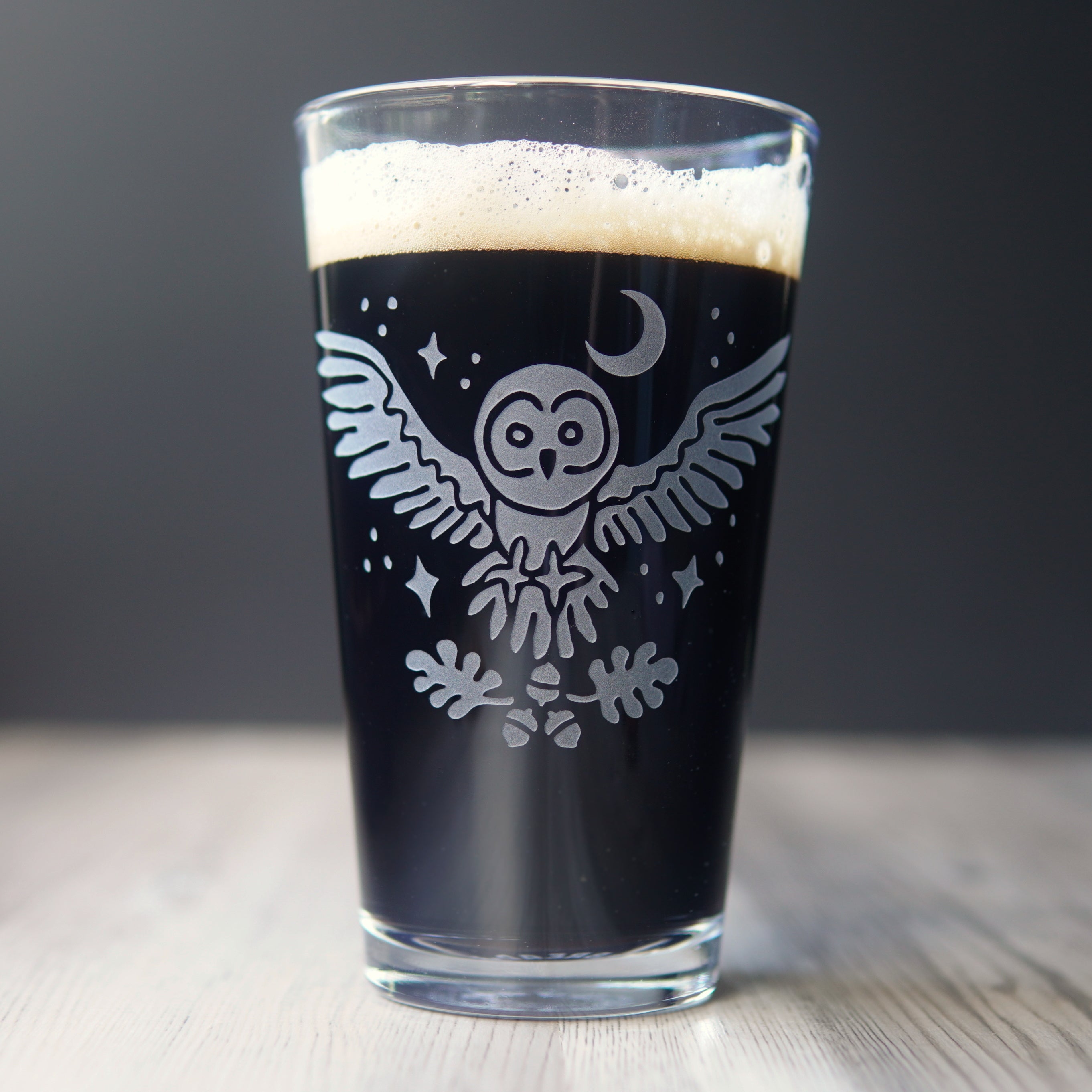 Owl + Oak Pint Glass - etched glassware