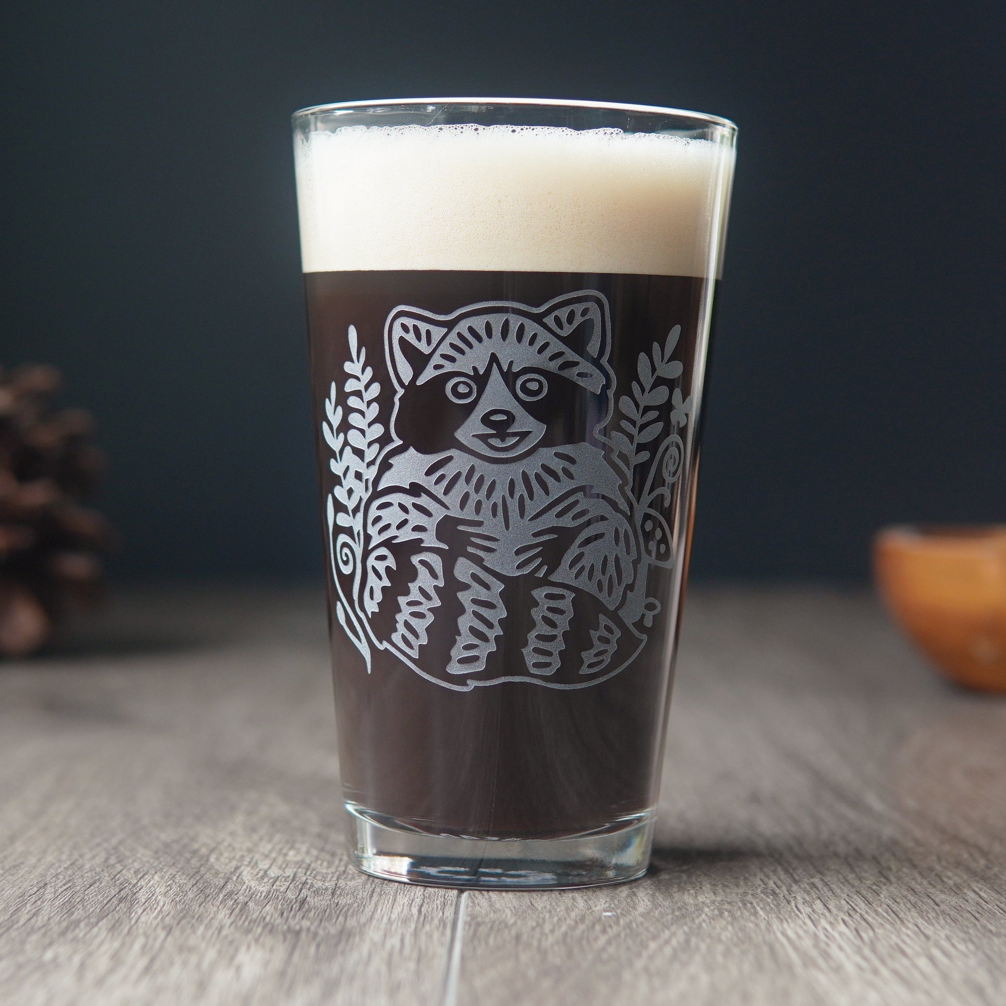 Raccoon Pint Glass - etched glassware