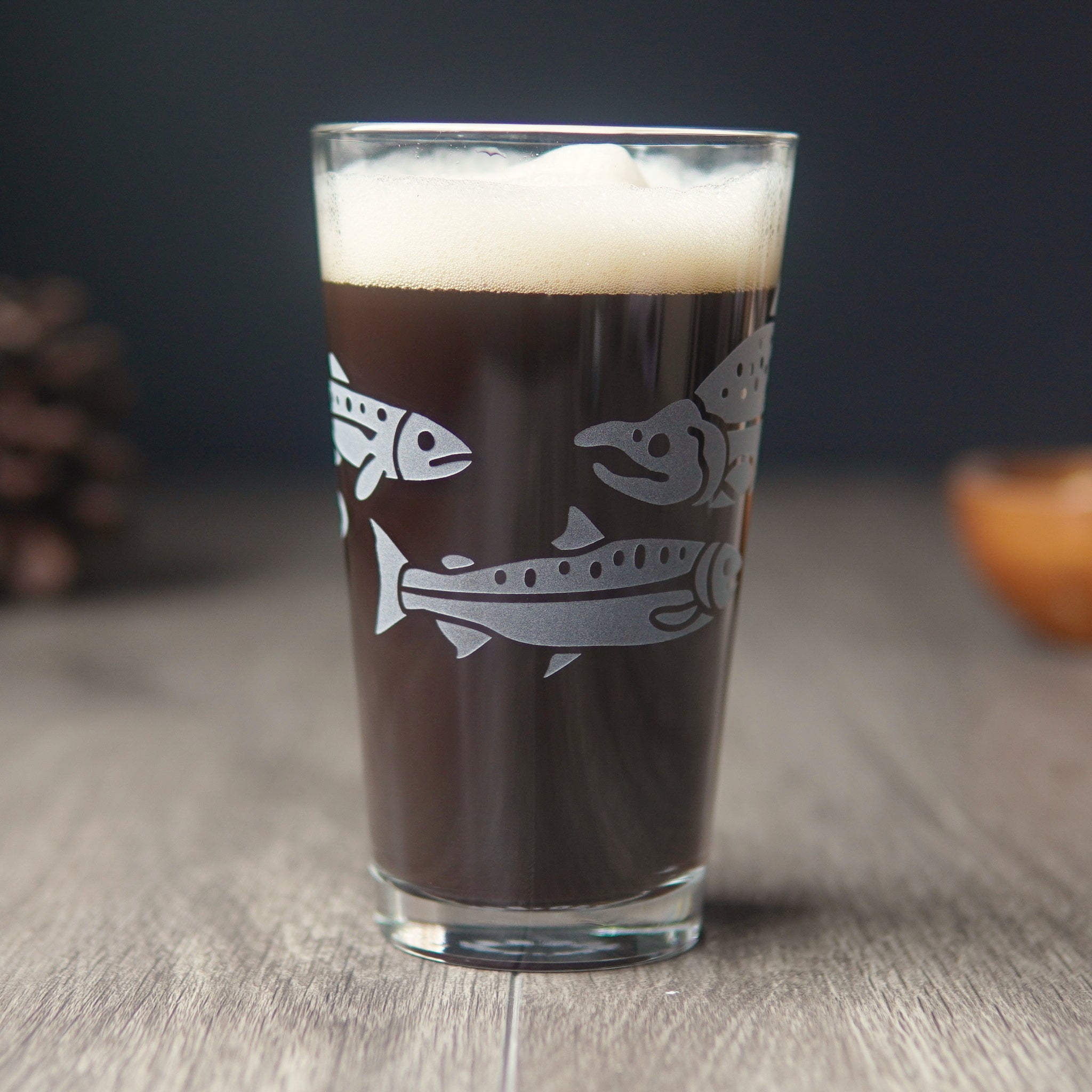 Salmon Pint Glass - etched fish glassware