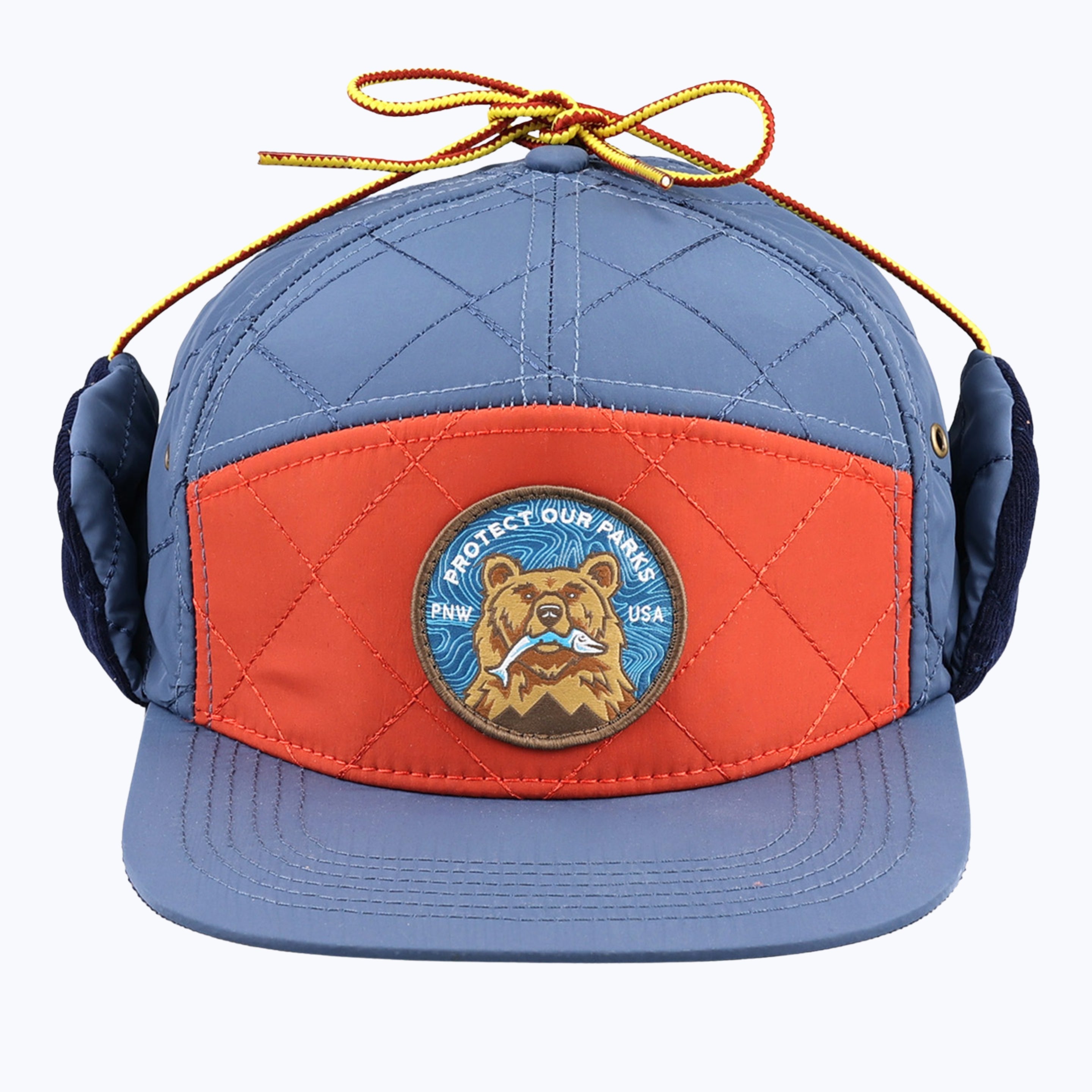 Protect Our Parks Bear 7 Panel Quilted Trapper Outdoor Cap - Navy/Orange