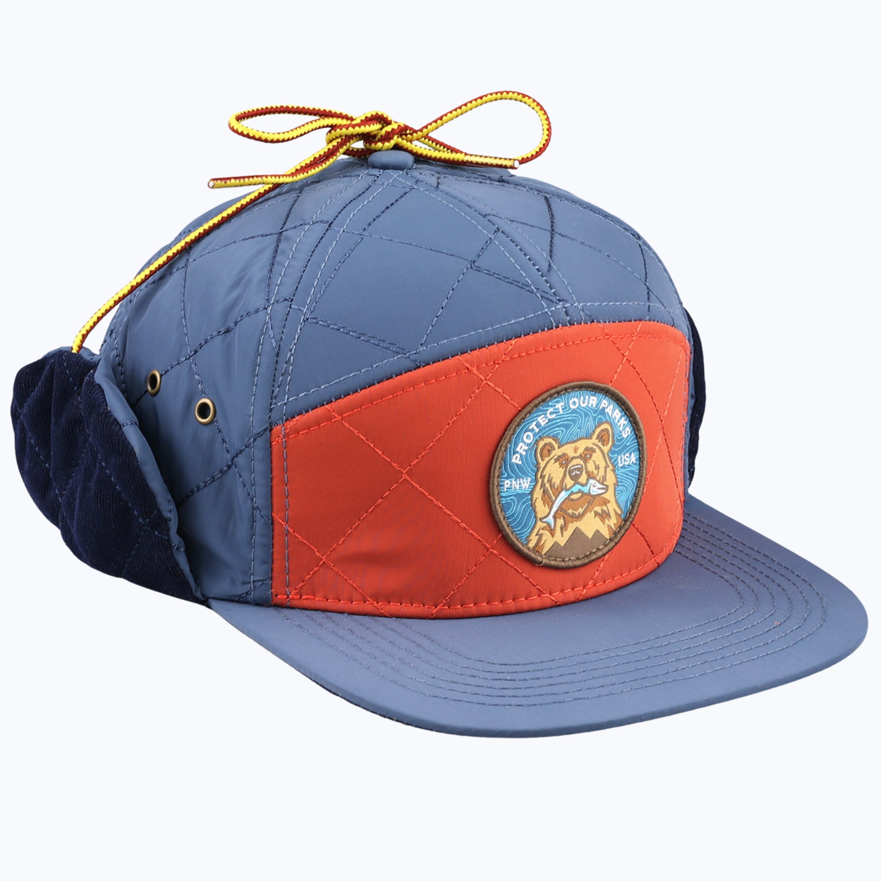 Protect Our Parks Bear 7 Panel Quilted Trapper Outdoor Cap - Navy/Orange