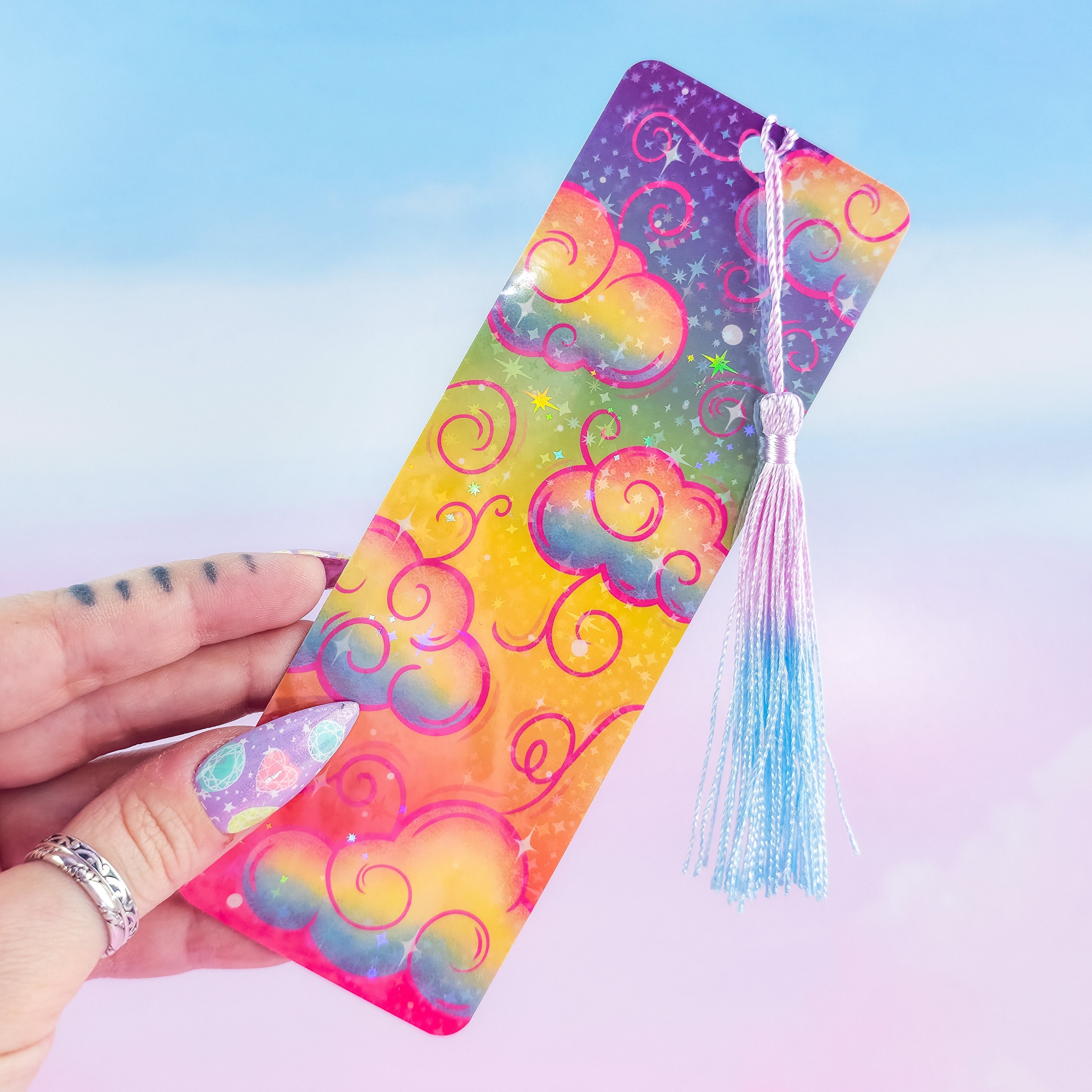 Rainbow Holographic Clouds Bookmark – Cute Colorful Bookmark, Book Lover Gift