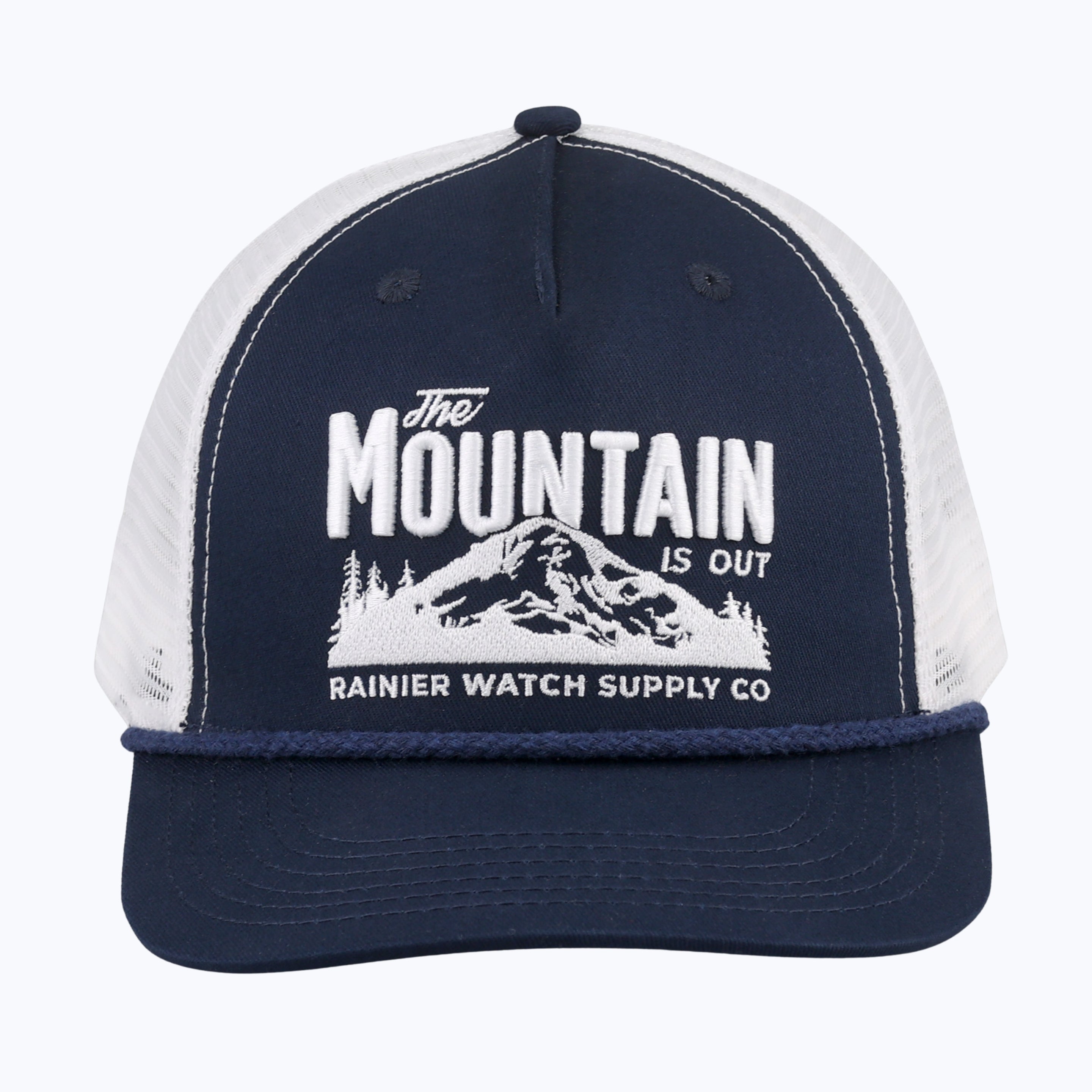 The Mountain Is Out Rope Trucker Snapback Cap - Navy/White