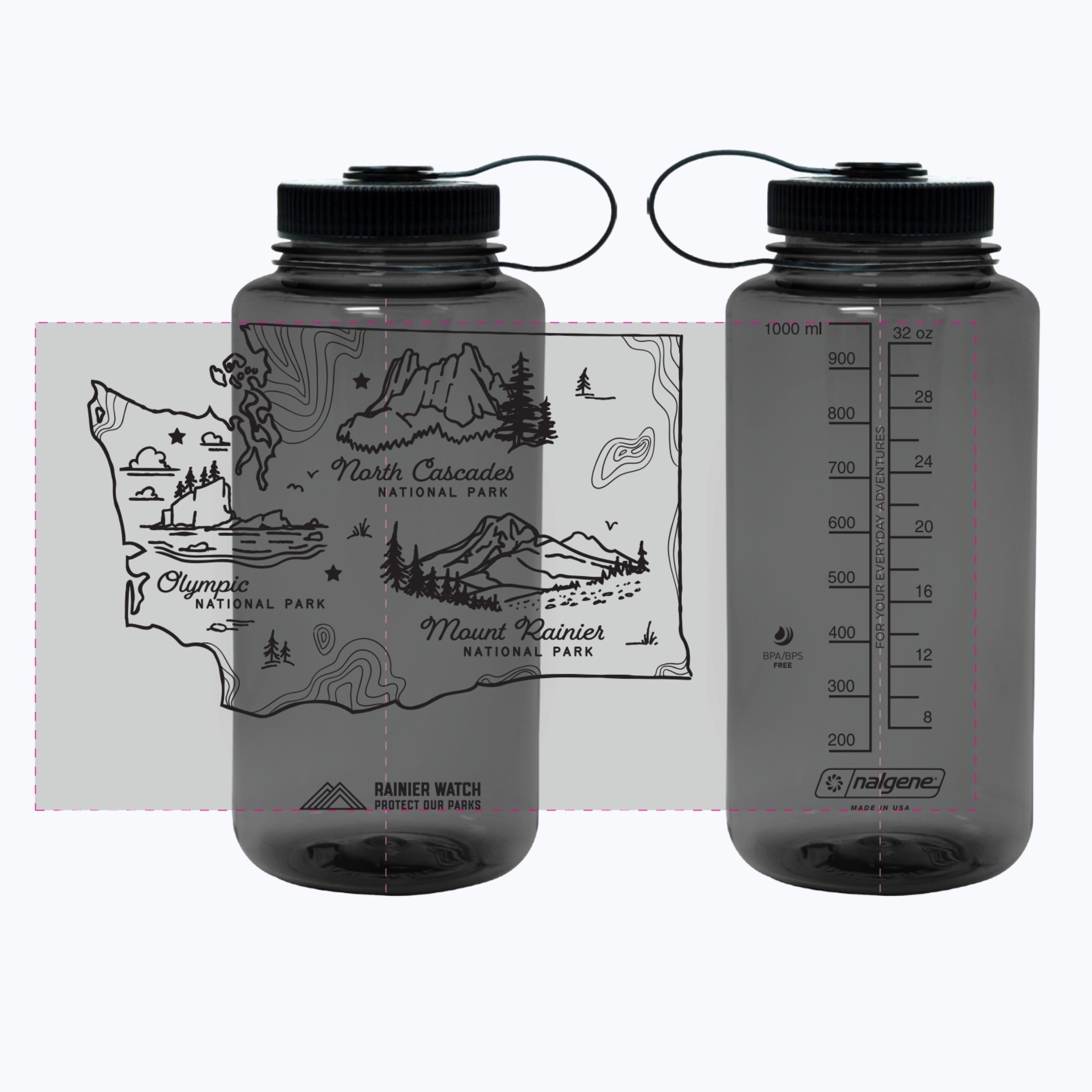 Washington National Parks - 32oz Water Bottle - All Black