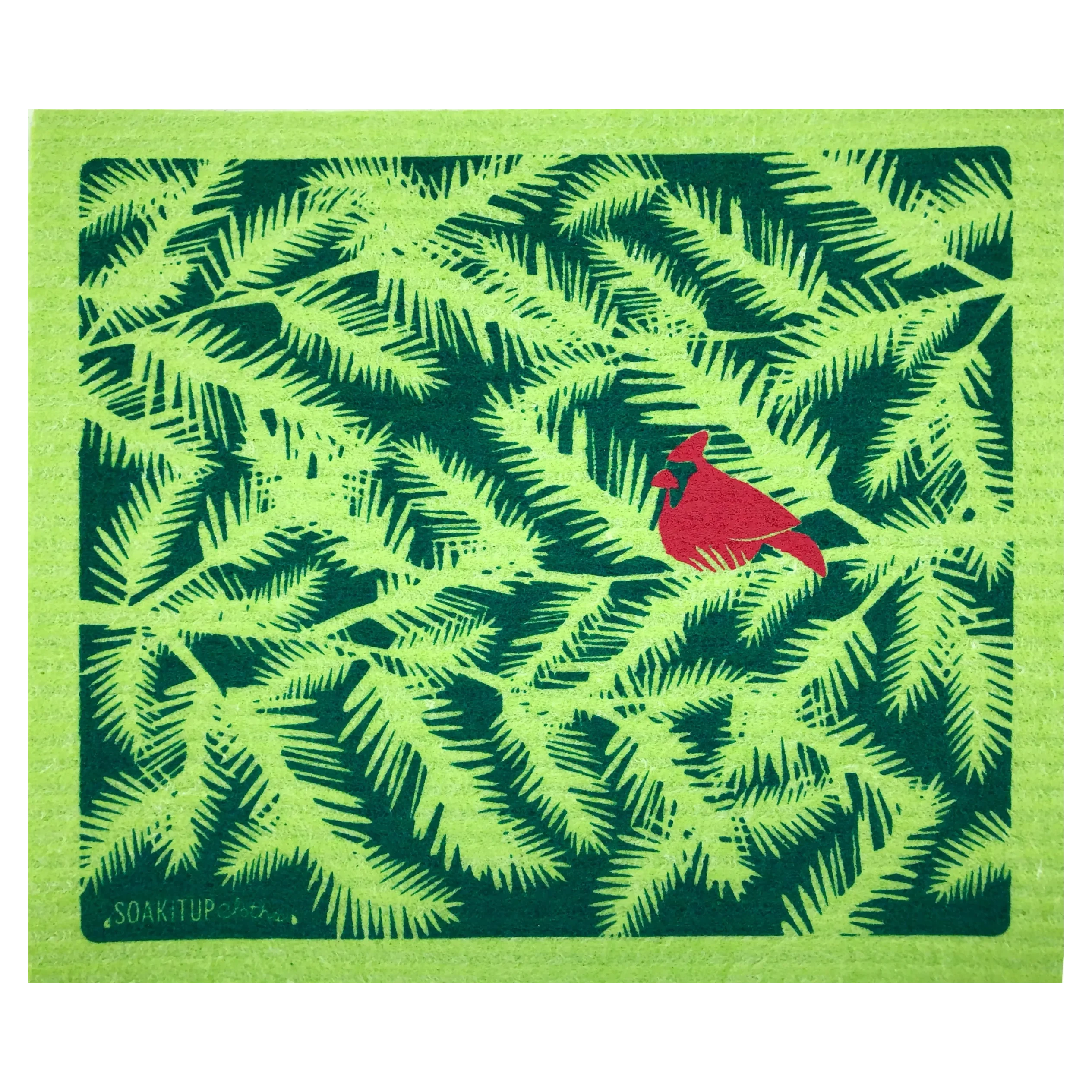 Red Cardinal Evergreen Branches | Eco-friendly Swedish Dishcloth-Soak iT Up