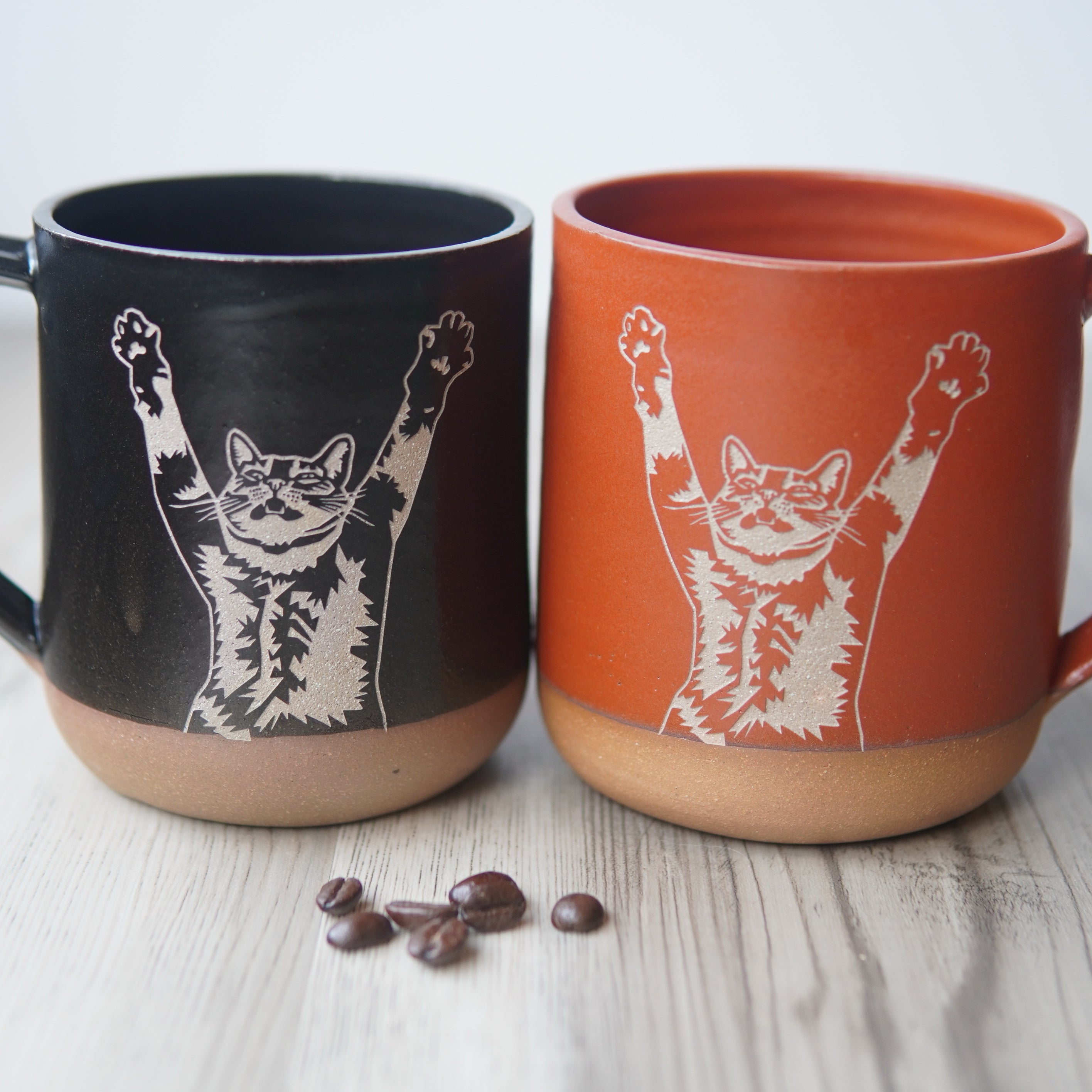 Stretching Cat Mug, Farmhouse Style Handmade Pottery