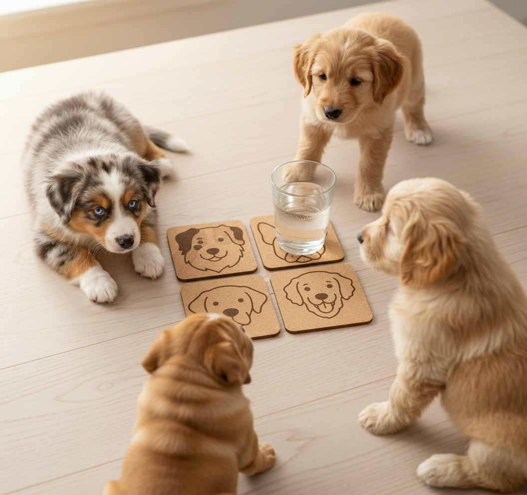 EcoEssentials Puppies 🐶 4 pack Assorted Cork Coasters