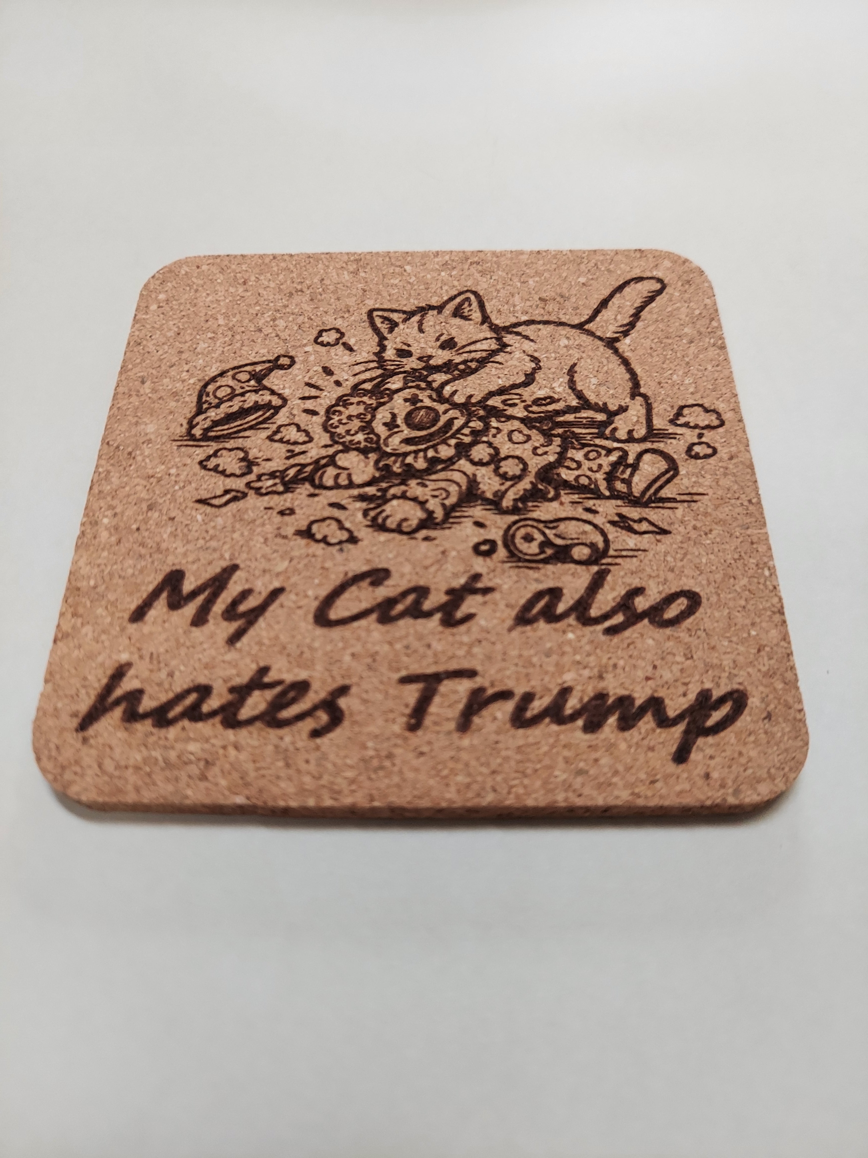 EcoEssentials My cat also hates Trump Clown Image 4 pack Cork Coasters