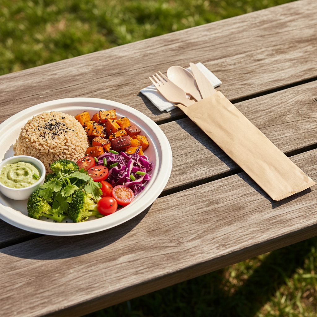 Bamboo fork, knife, spoon, with napkin to go (24 sets)
