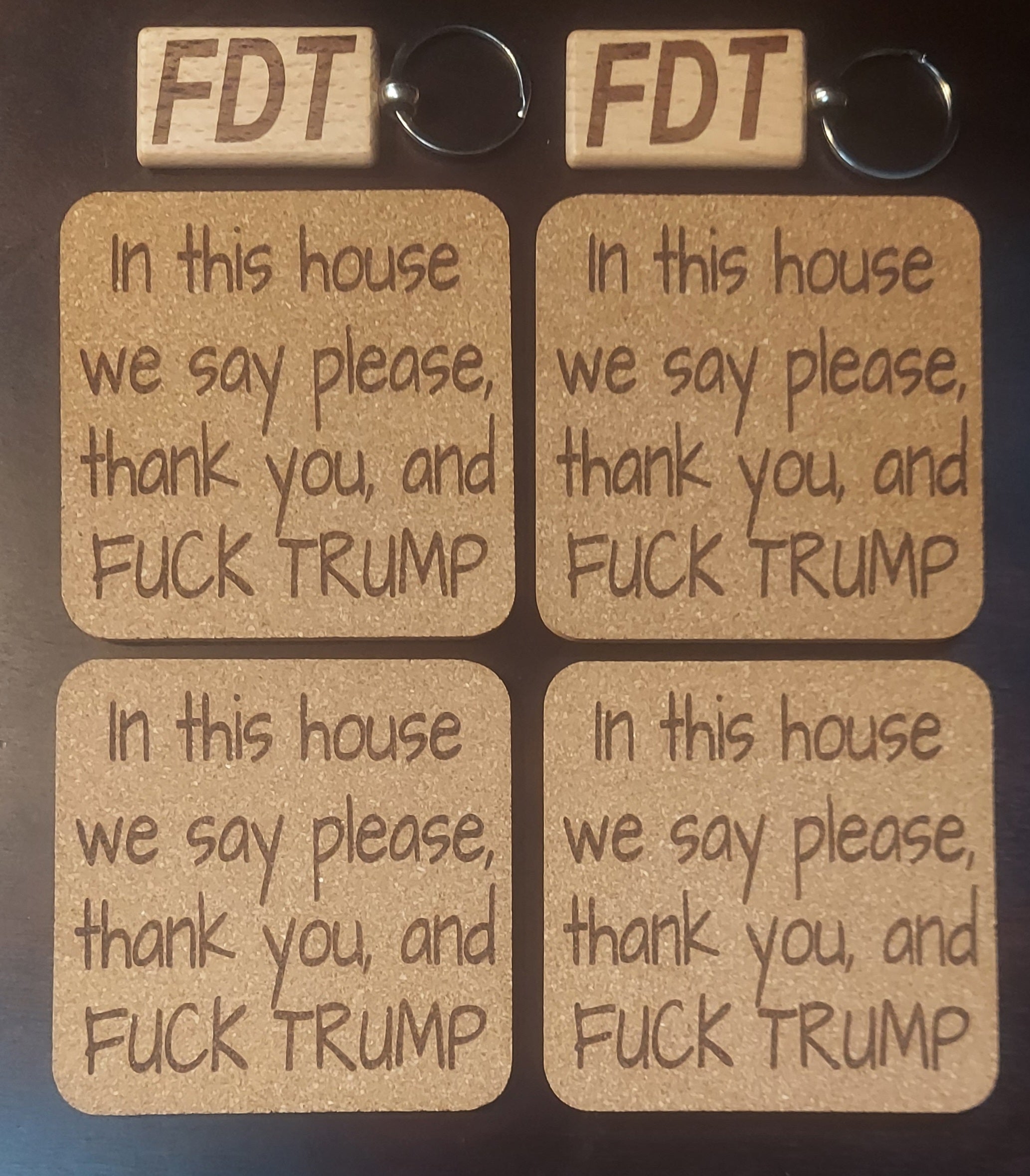 EcoEssentials Bundle (4) In this House Cork Coasters and 2 FDT Keychains