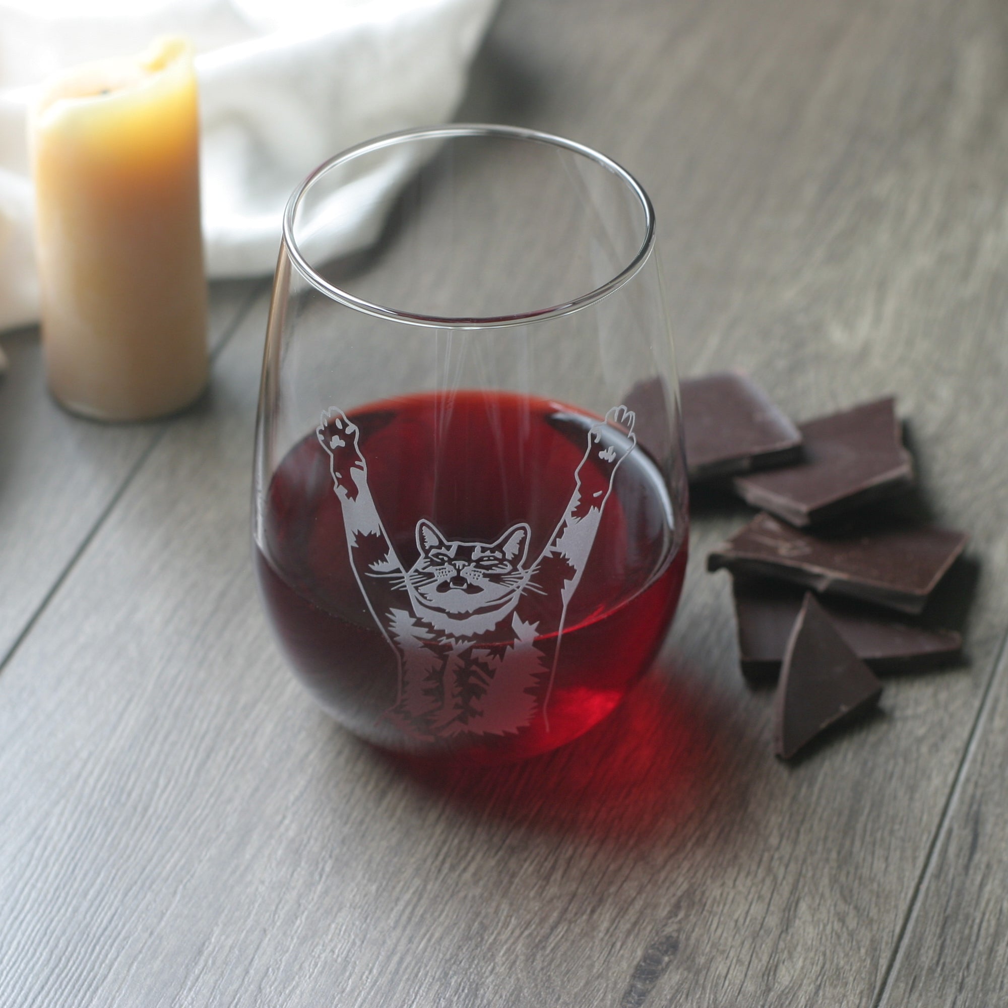 Stretch Cat Stemless Wine Glass - etched glassware