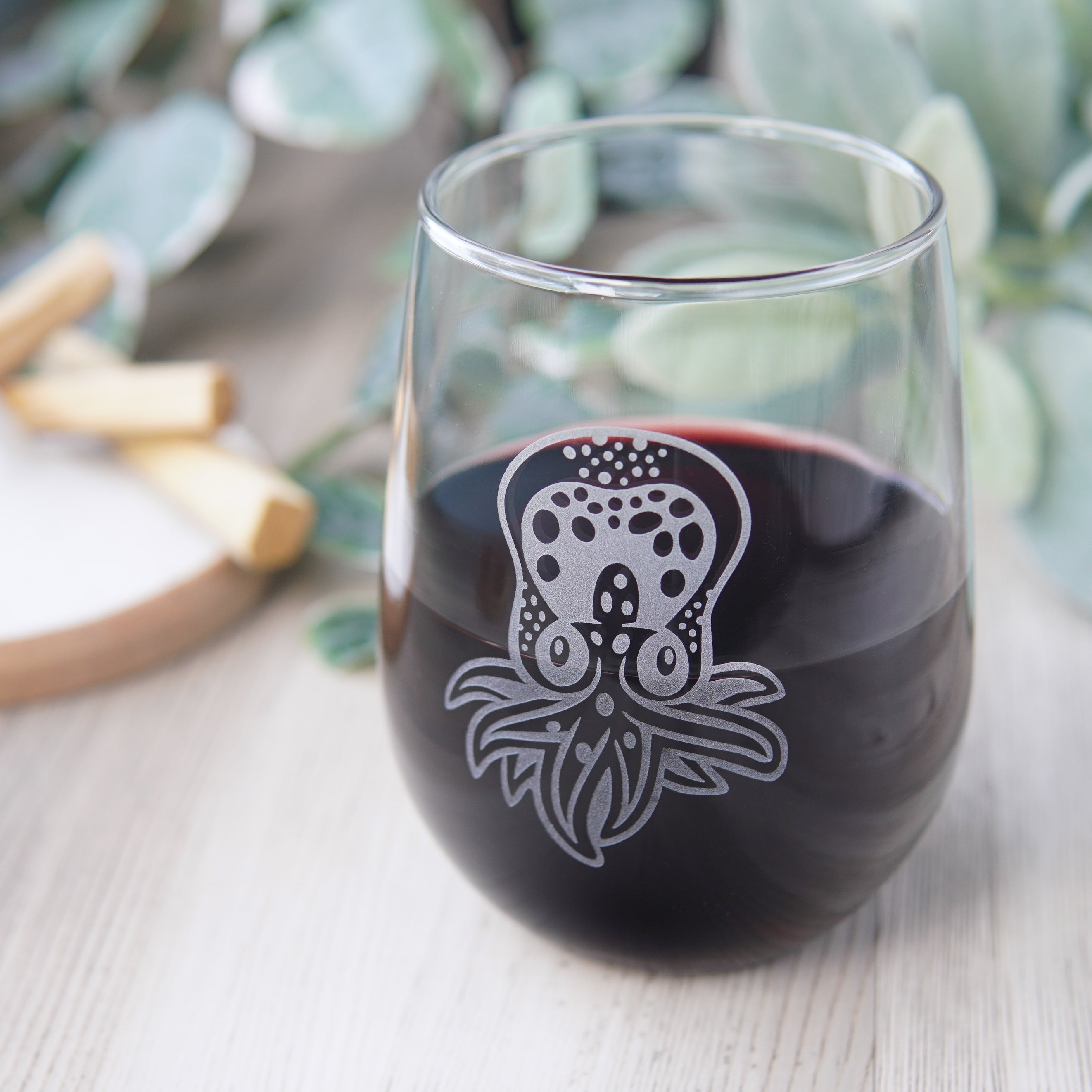Baby Octopus Stemless Wine Glass - etched glassware
