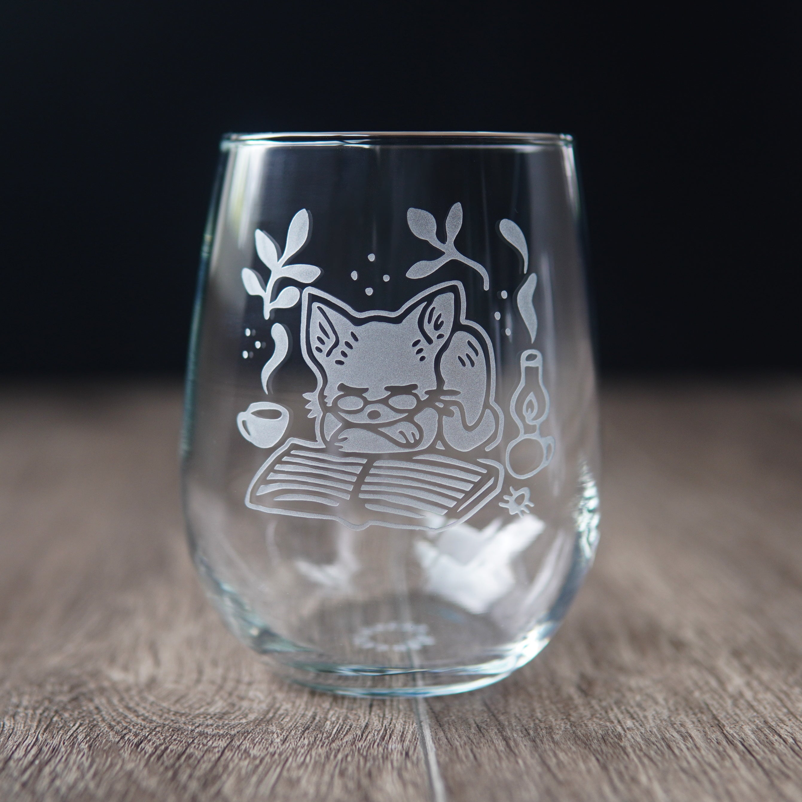 Book Cat Stemless Wine Glass - cozy etched glassware