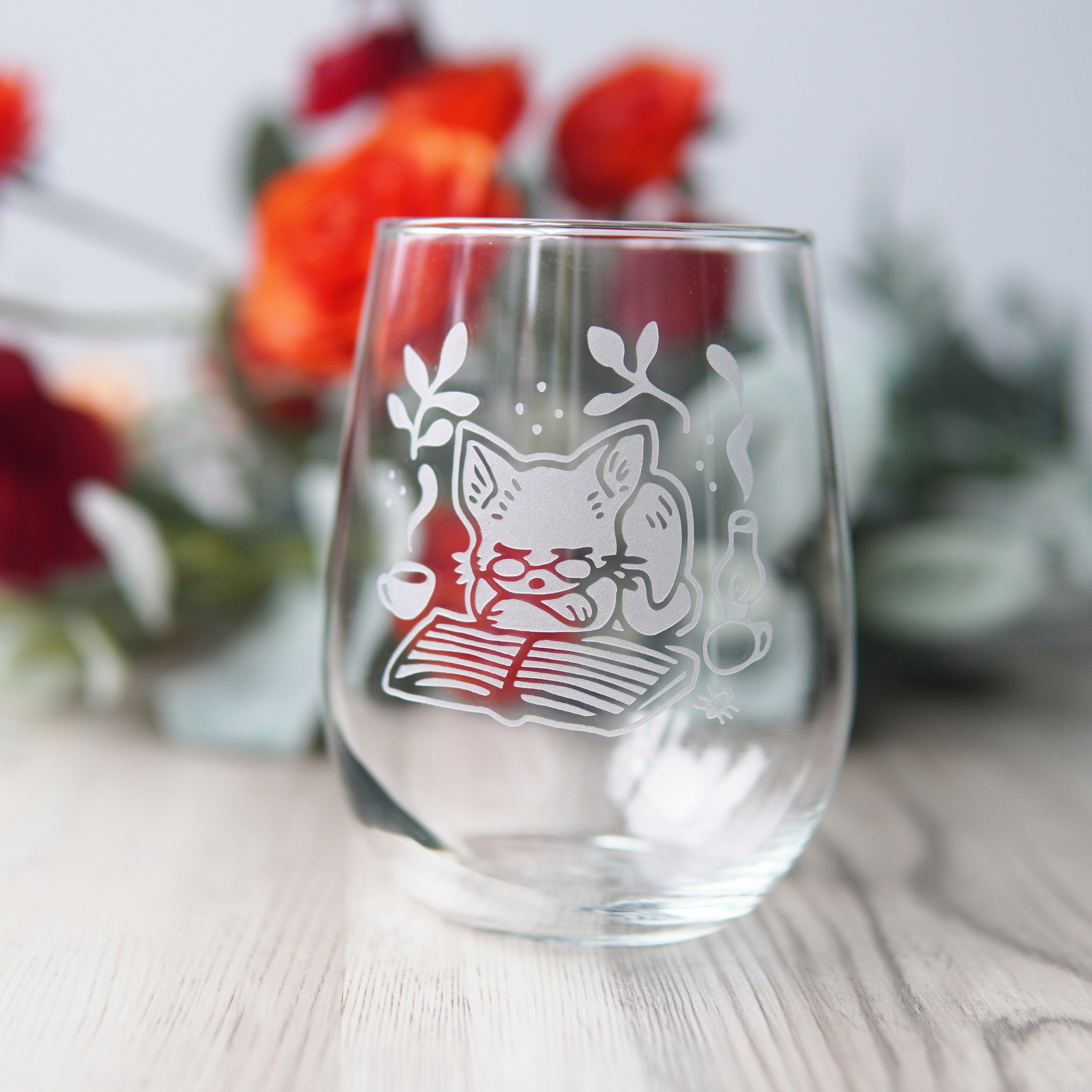 Book Cat Stemless Wine Glass - cozy etched glassware