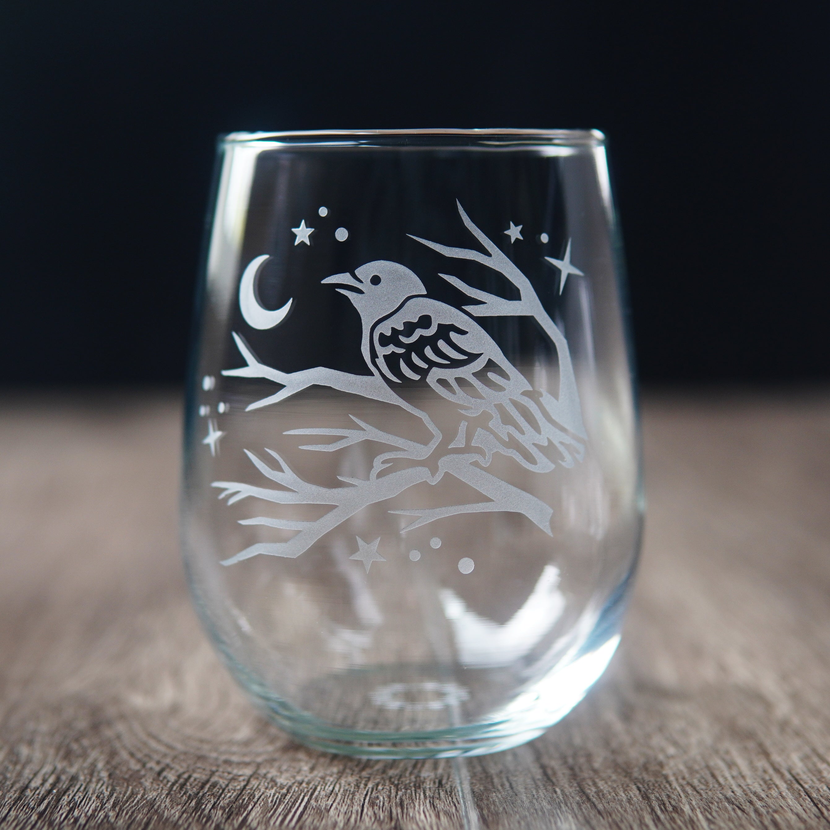 Crow Stemless Wine Glass - etched glassware