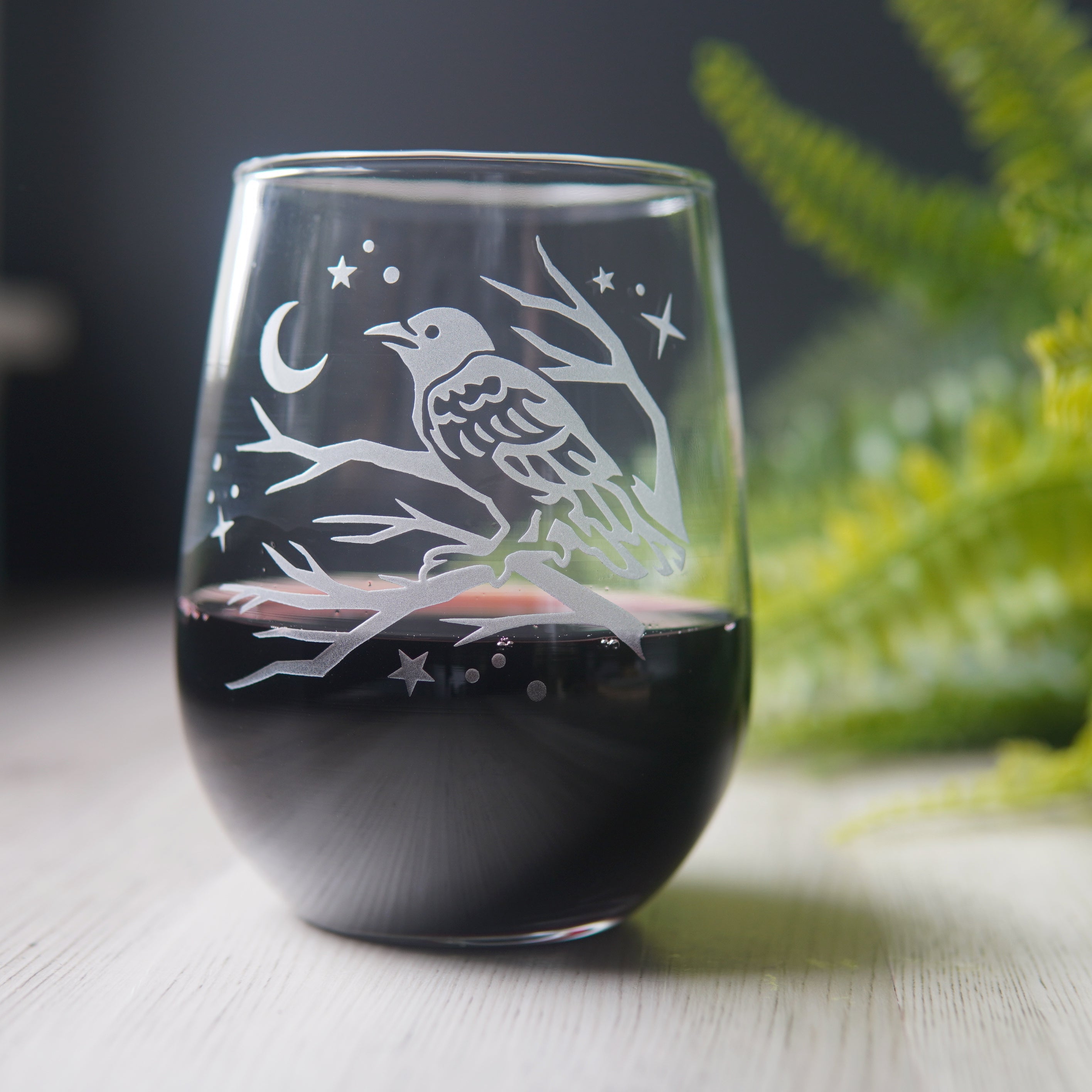 Crow Stemless Wine Glass - etched glassware