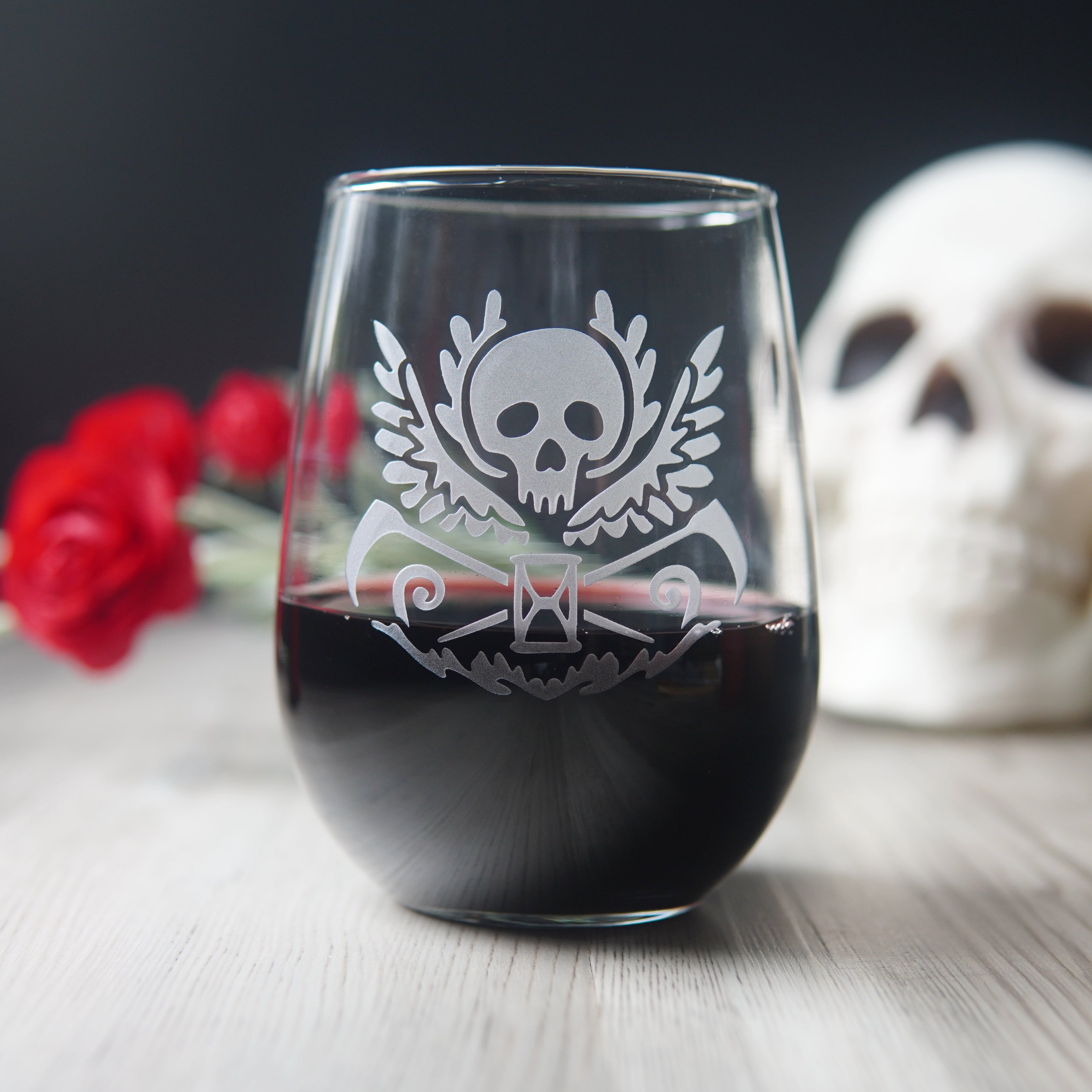 Death Skull Stemless Wine Glass - etched glassware