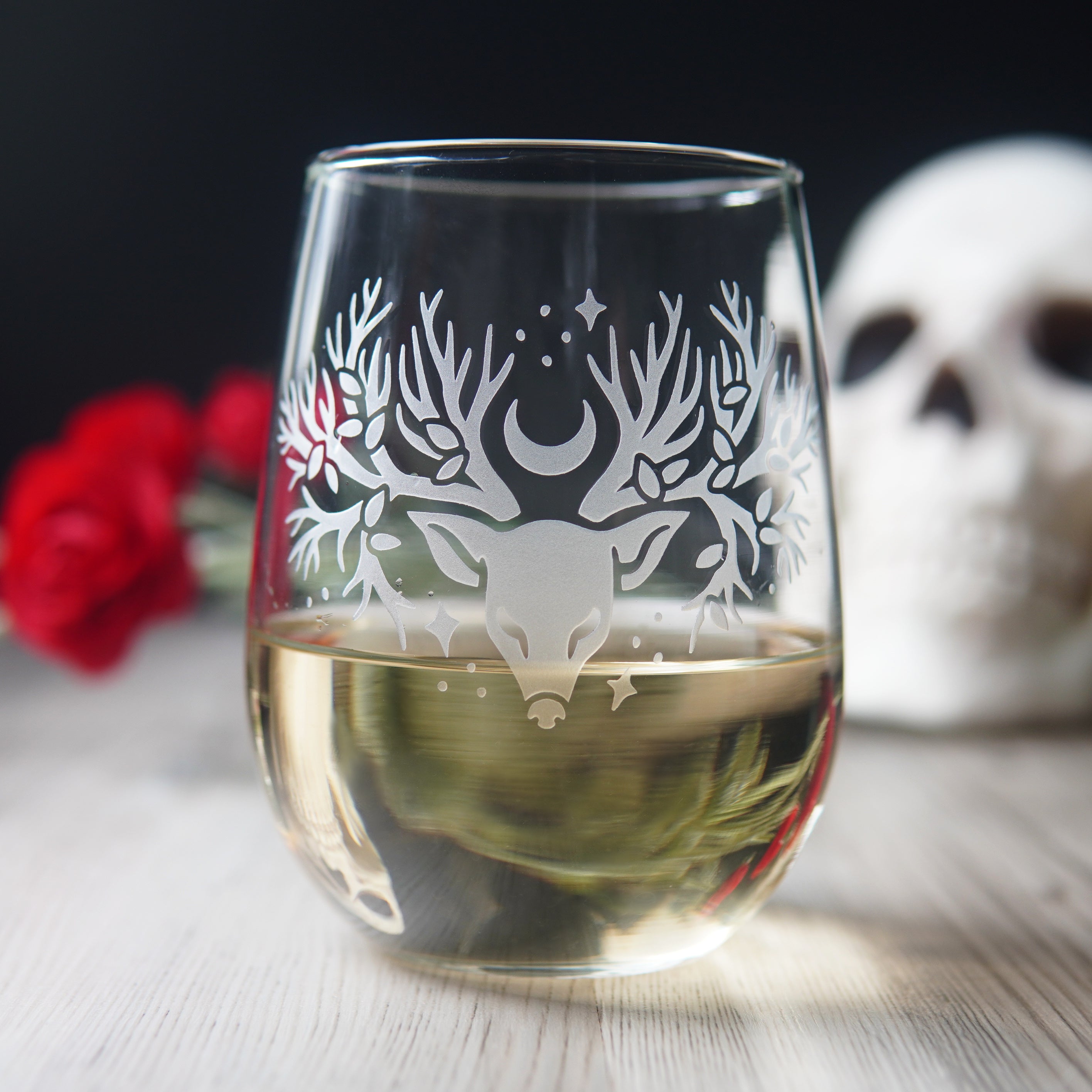 Deer Tree Stemless Wine Glass - etched glassware