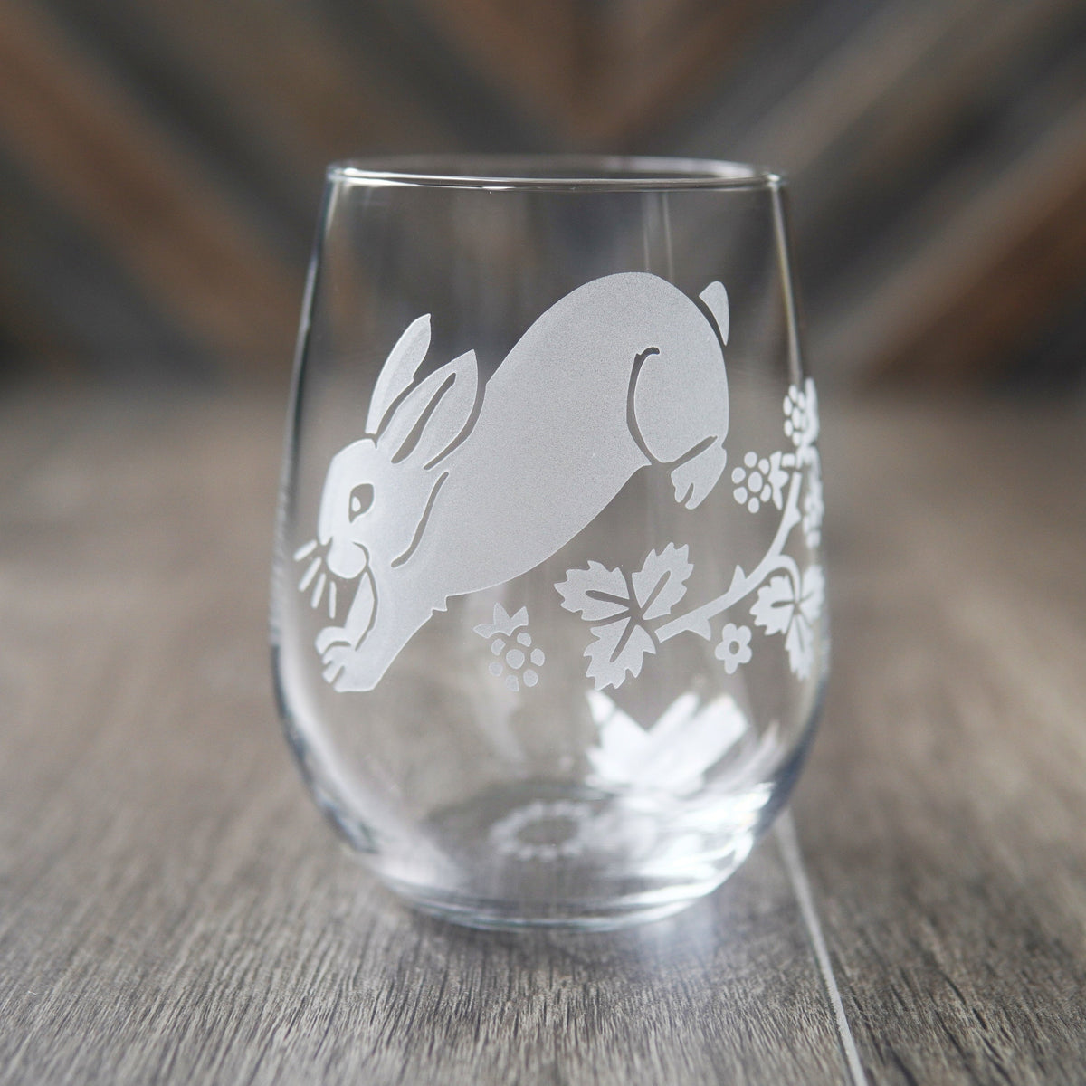 Rabbits Stemless Wine Glass - etched glassware