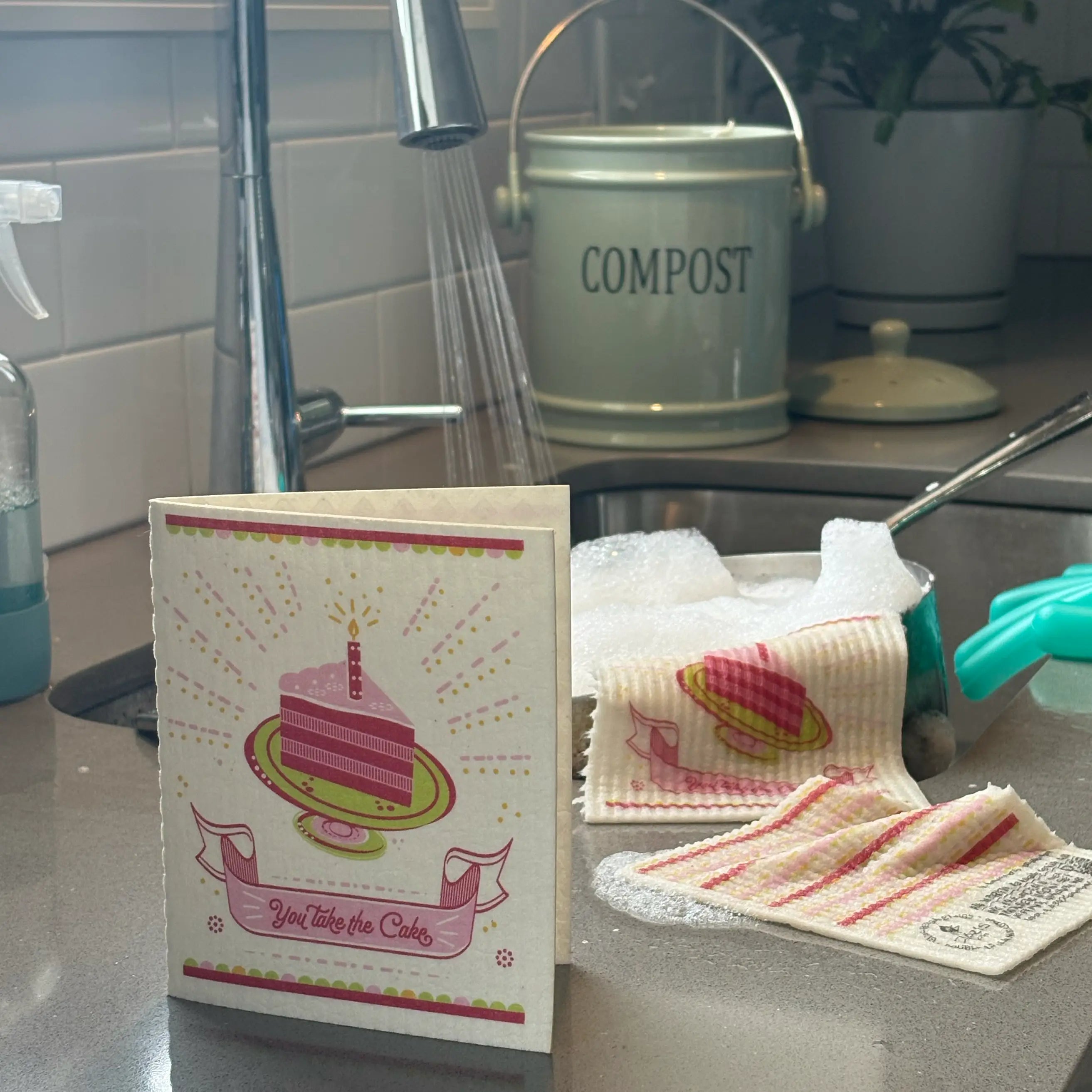 You Take the Cake Greeting Card Turns Into a Swedish Sponge Cloth | Soak iT Up Clard®