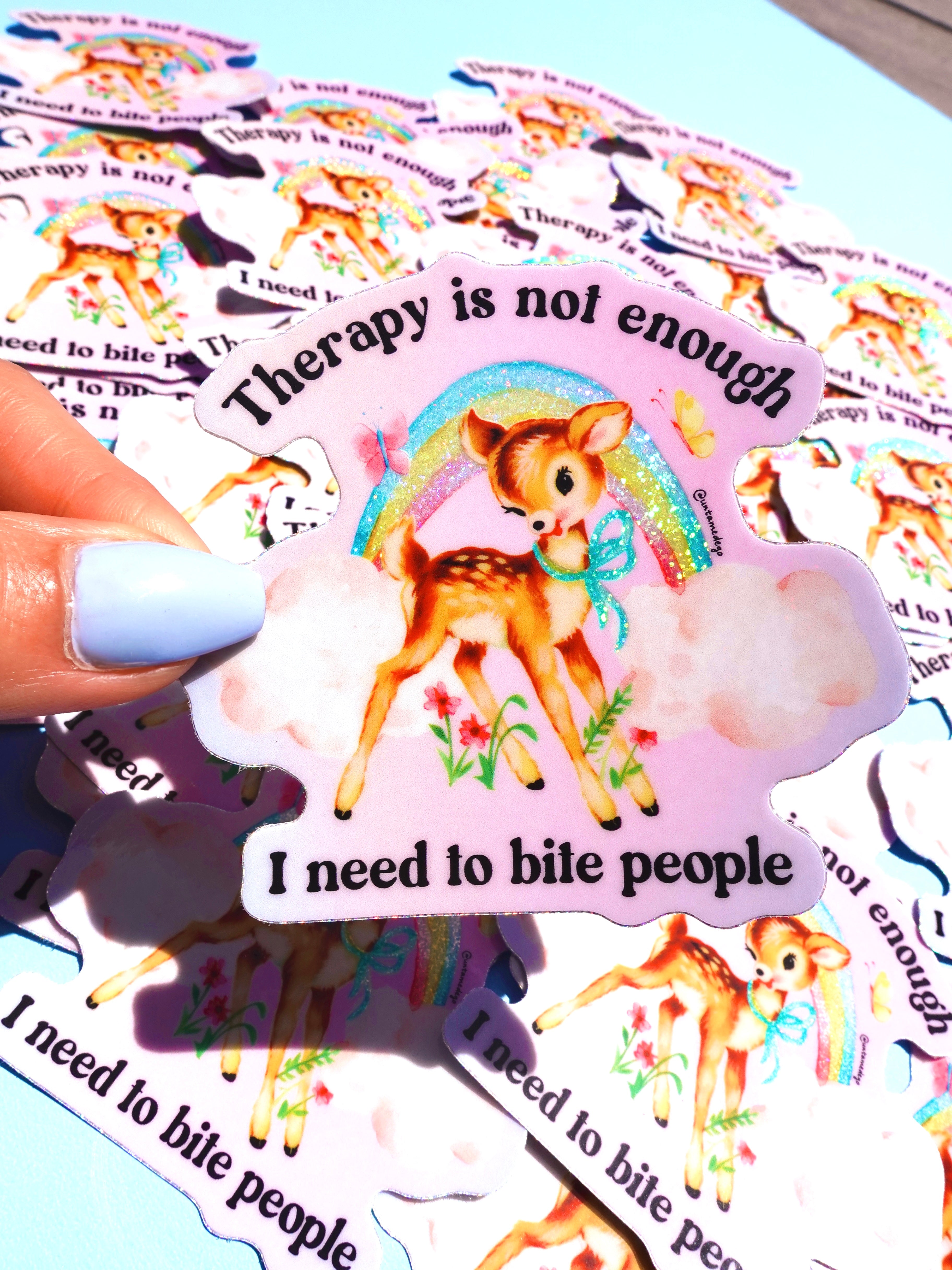 Funny Therapy Sticker – Therapy Is Not Enough I Need To Bite People Vinyl Decal