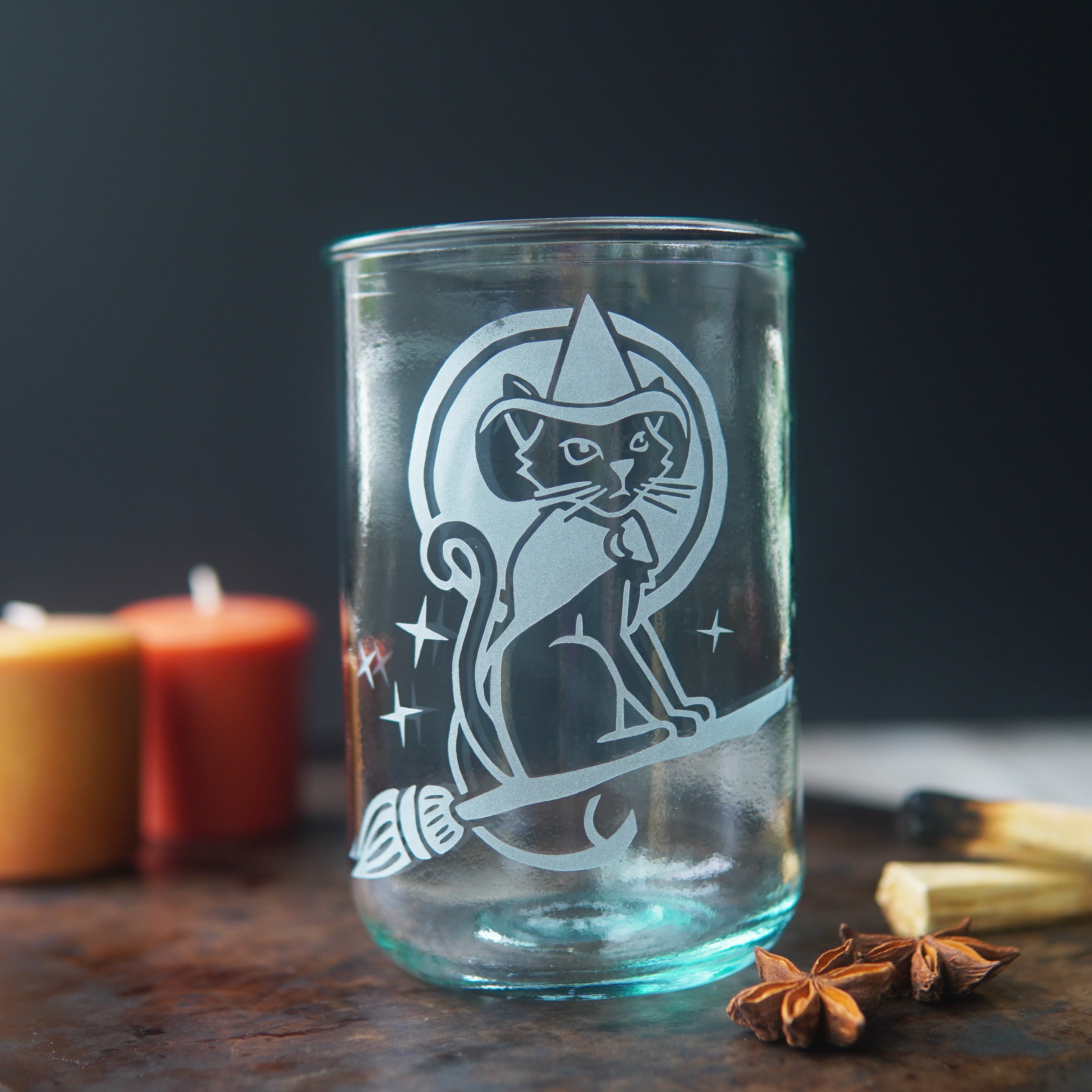 Witch Cat Rustic Recycled Glass Candle Cup